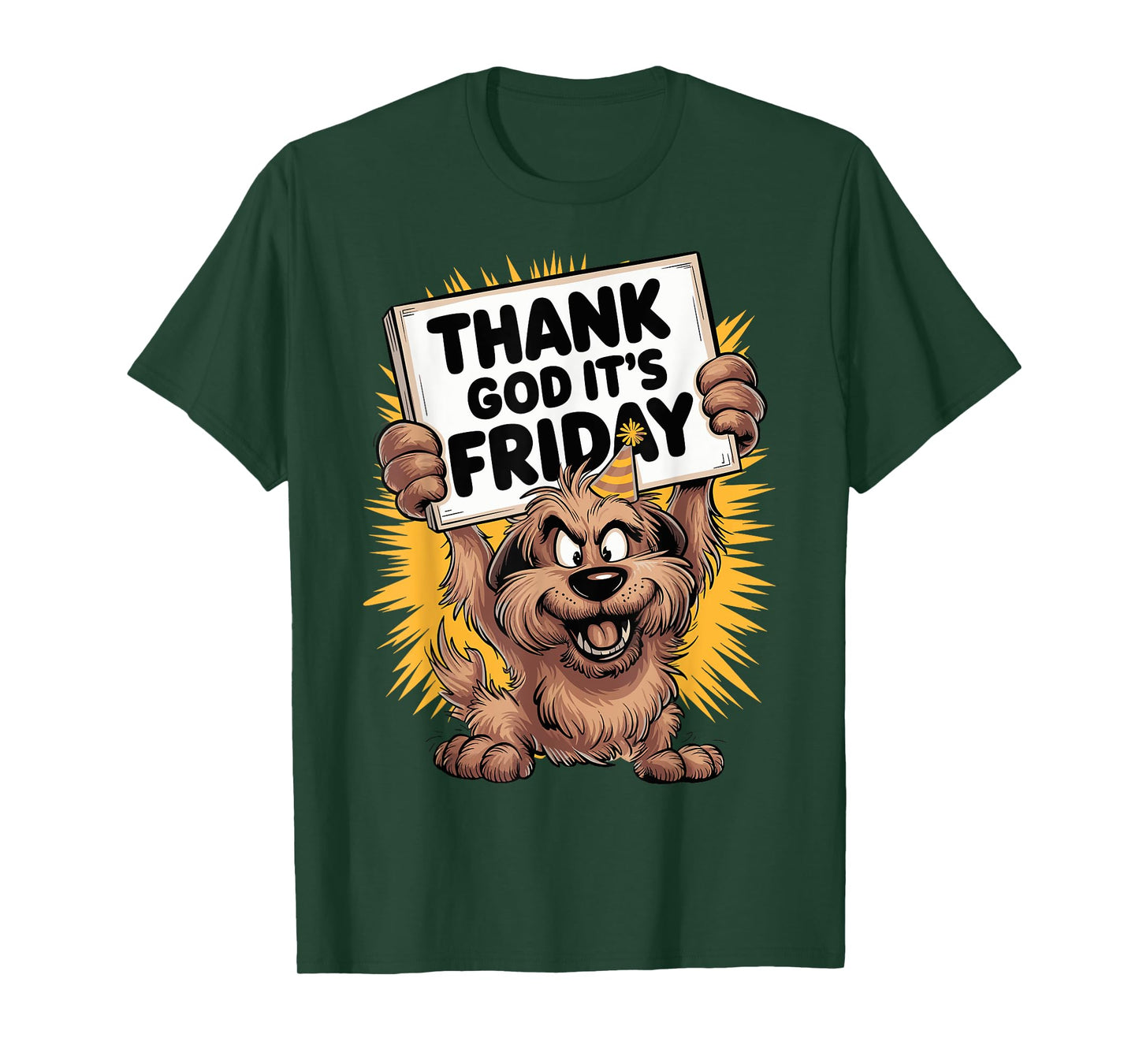 Thank God It's Friday Cheerful Dog Cartoon Design T-Shirt
