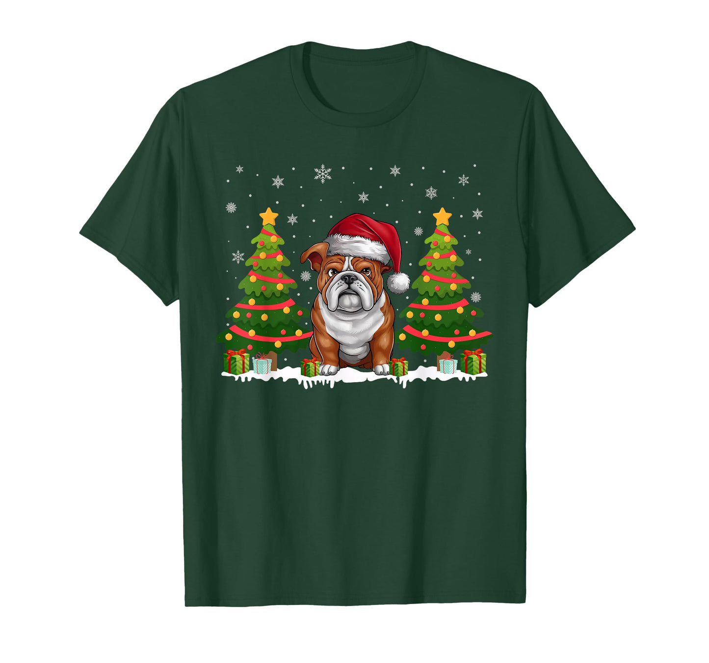 Xmas Tree Lights English Bulldog Santa Hat Christmas Sweater T-Shirt