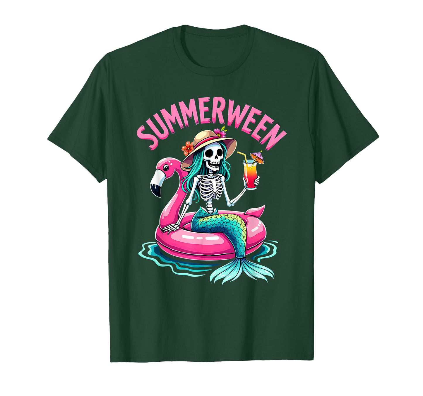Summerween Mermaid Skeleton Beach Flamingo Halloween Girl T-Shirt