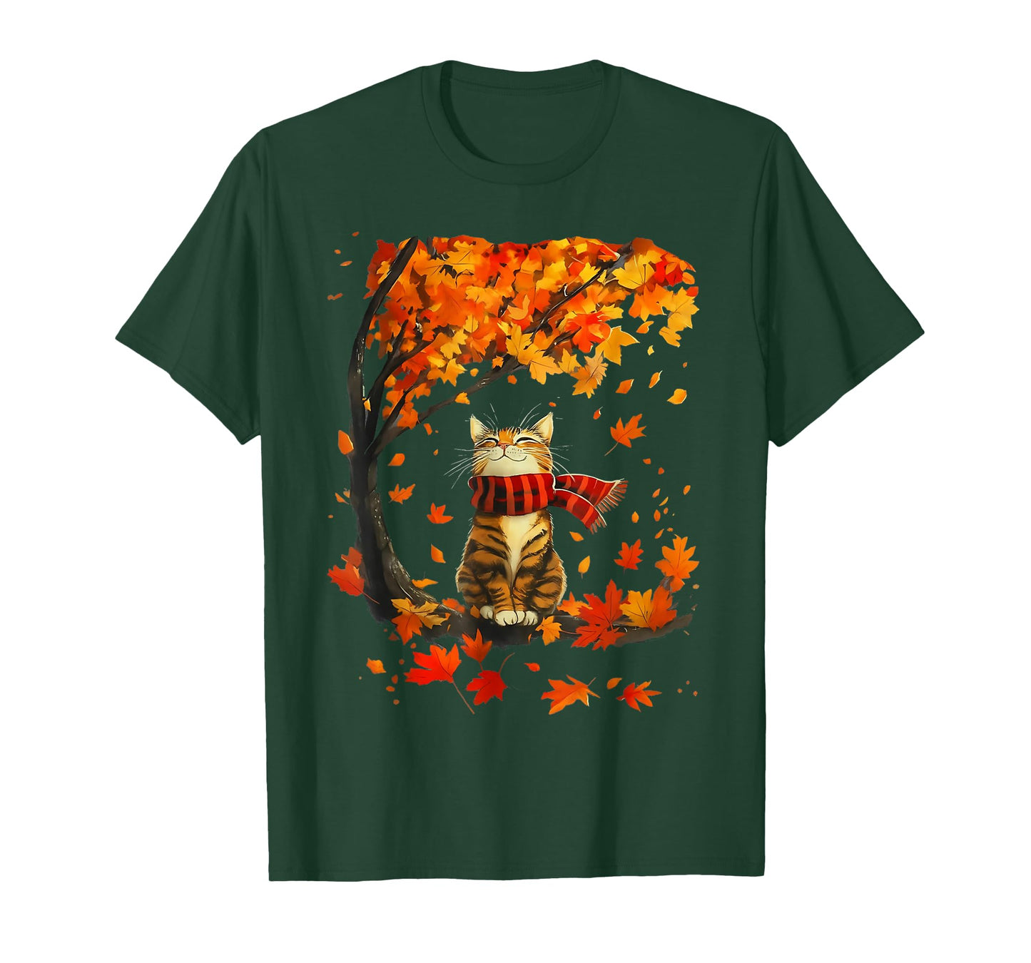 Cute Cat Leaf Fall Tree Hello Autumn Thanksgiving Retro T-Shirt