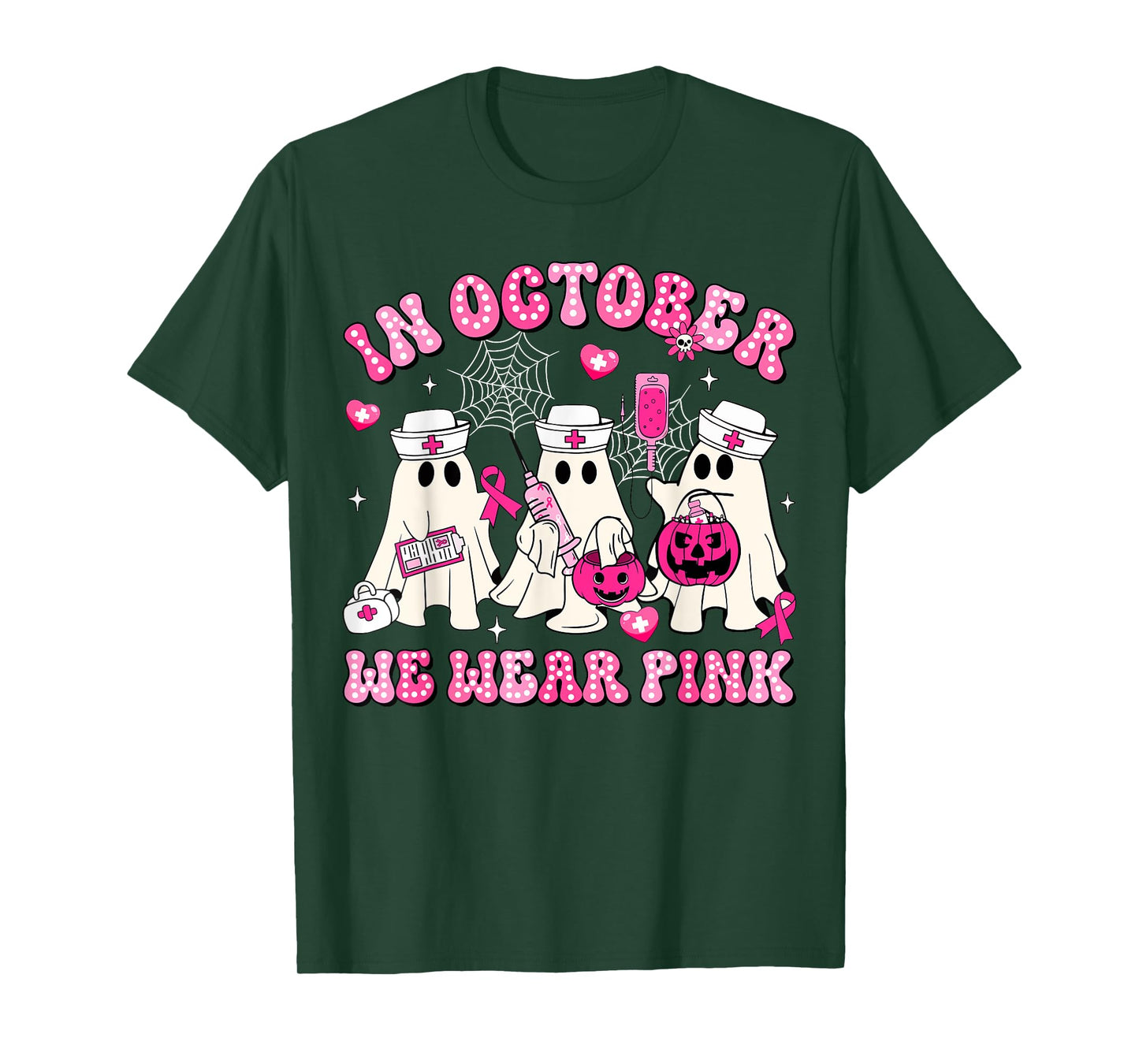 October We Wear Pink Nurse Ghost Halloween Breast Cancer T-Shirt