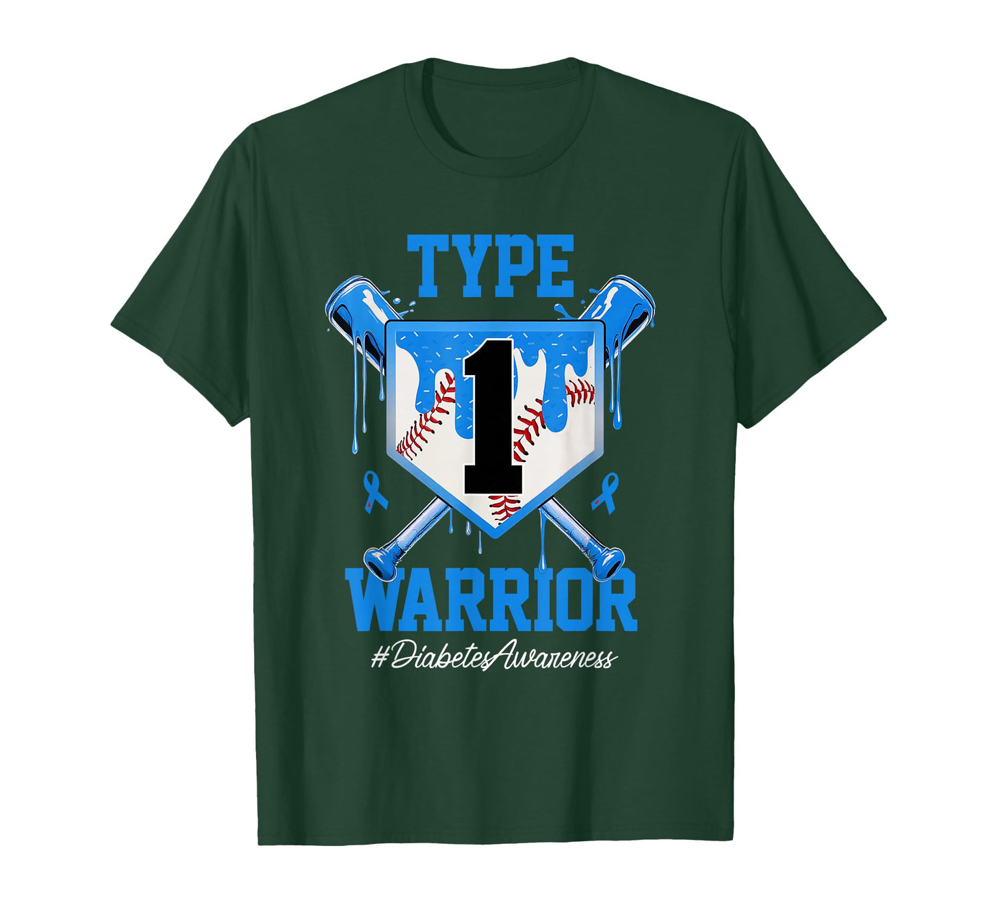 T1D Warrior Baseball Drip Diabetes Awareness Blue Ribbon T-Shirt