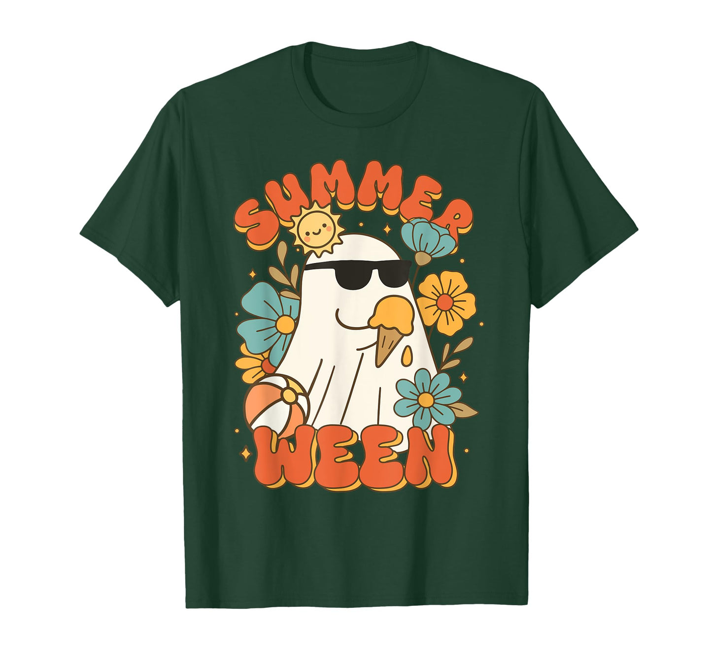 Summerween Ghost Ice Cream Cute Funny Halloween Beach Design T-Shirt