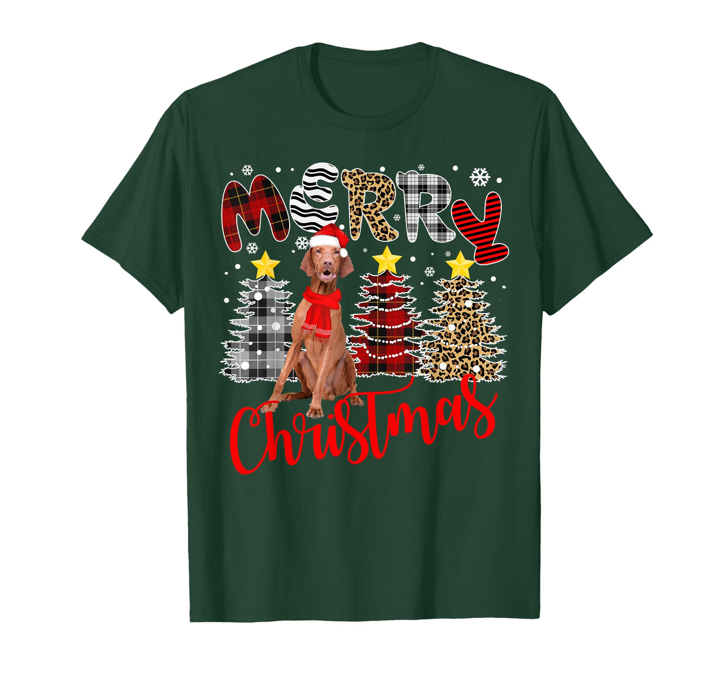 Vizsla Merry Christmas Tree Leopard Plaid Printed T-Shirt
