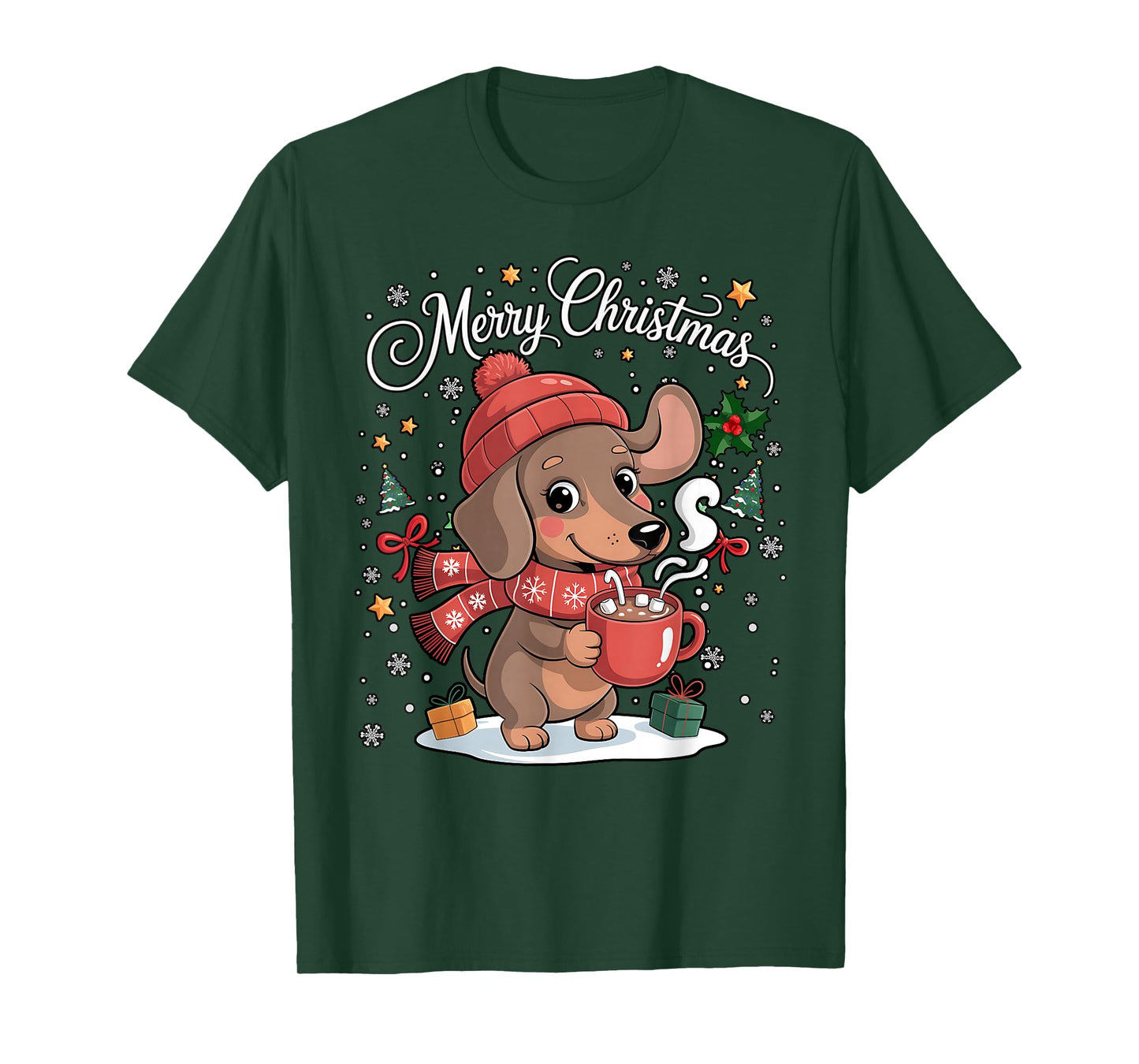Cute Dachshund Dog Drink Hot Cocoa Christmas Xmas Women Men T-Shirt