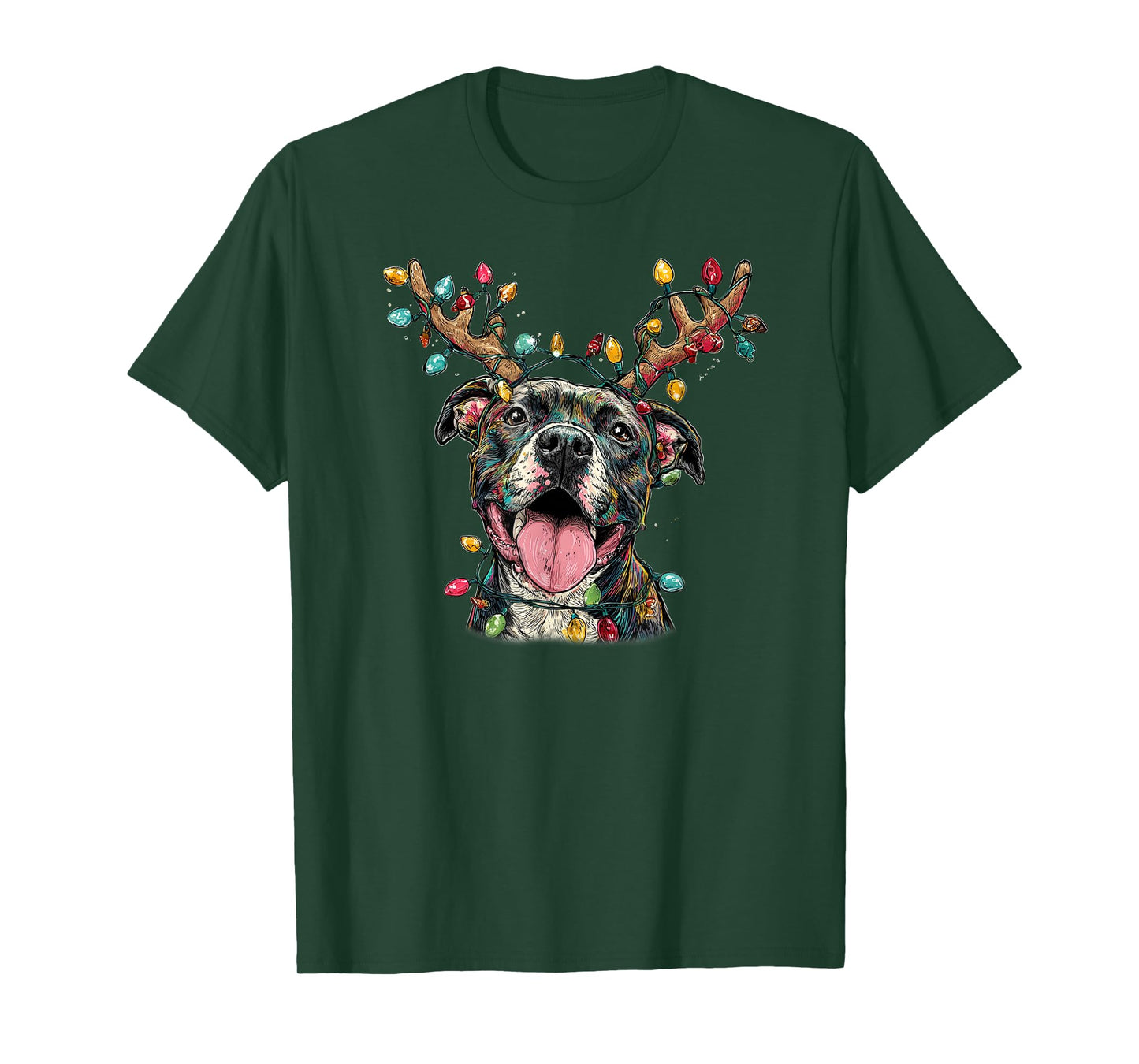 Santa Pitbull Reindeer Light Christmas T-Shirt