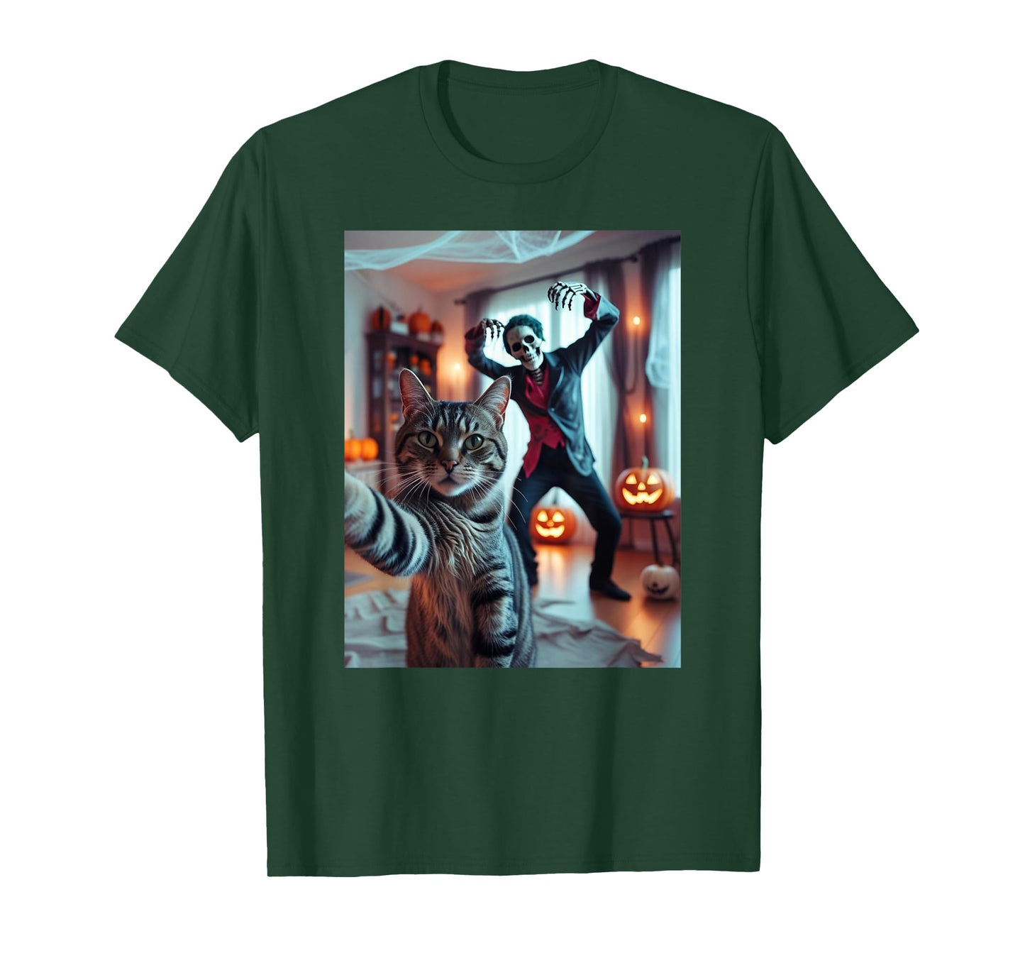Funny Cat Selfie with Skeleton Scary Halloween Meme T-Shirt