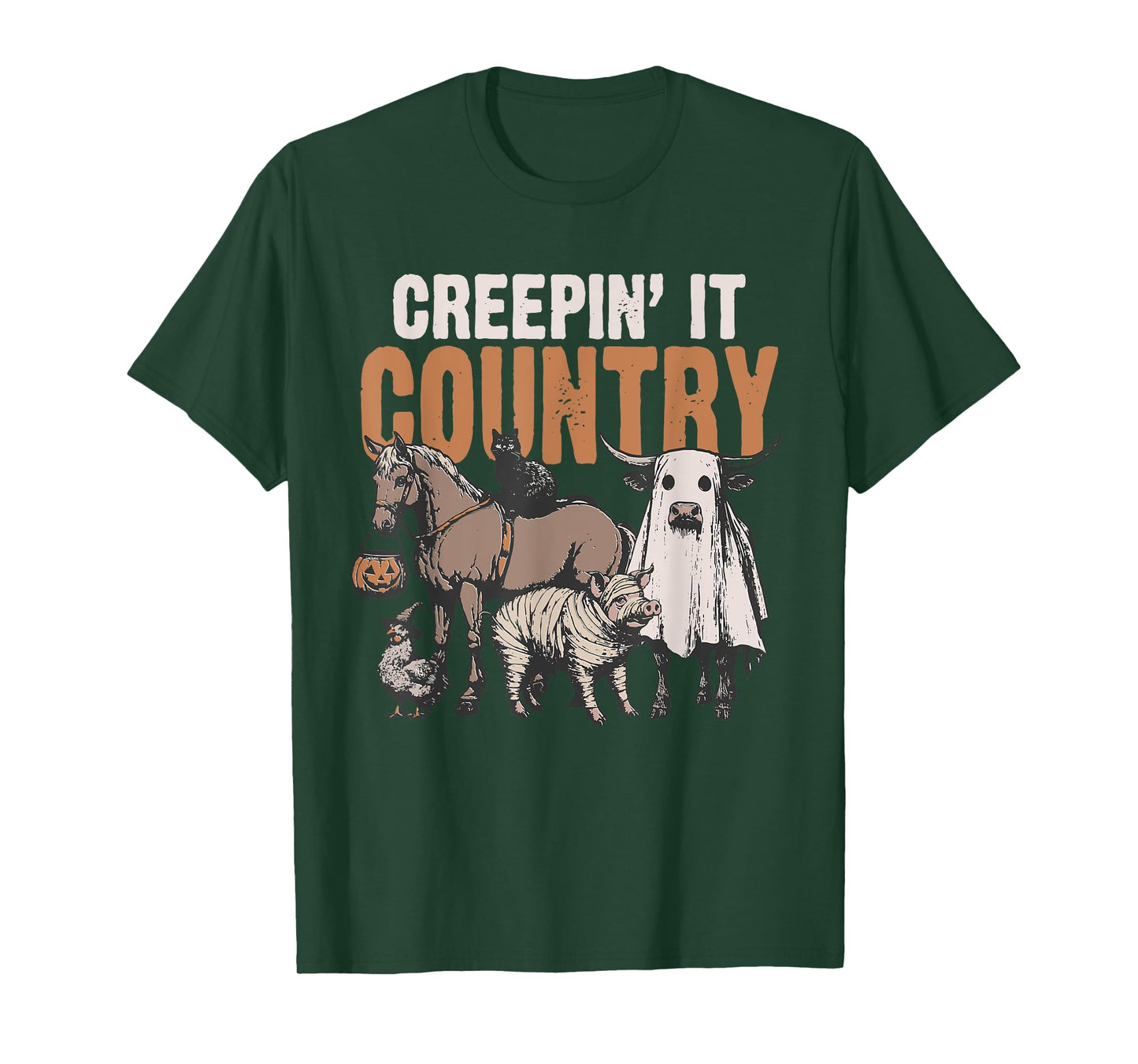 Creepin' It Country Halloween Farm Animal Cow Black Cat Pig T-Shirt