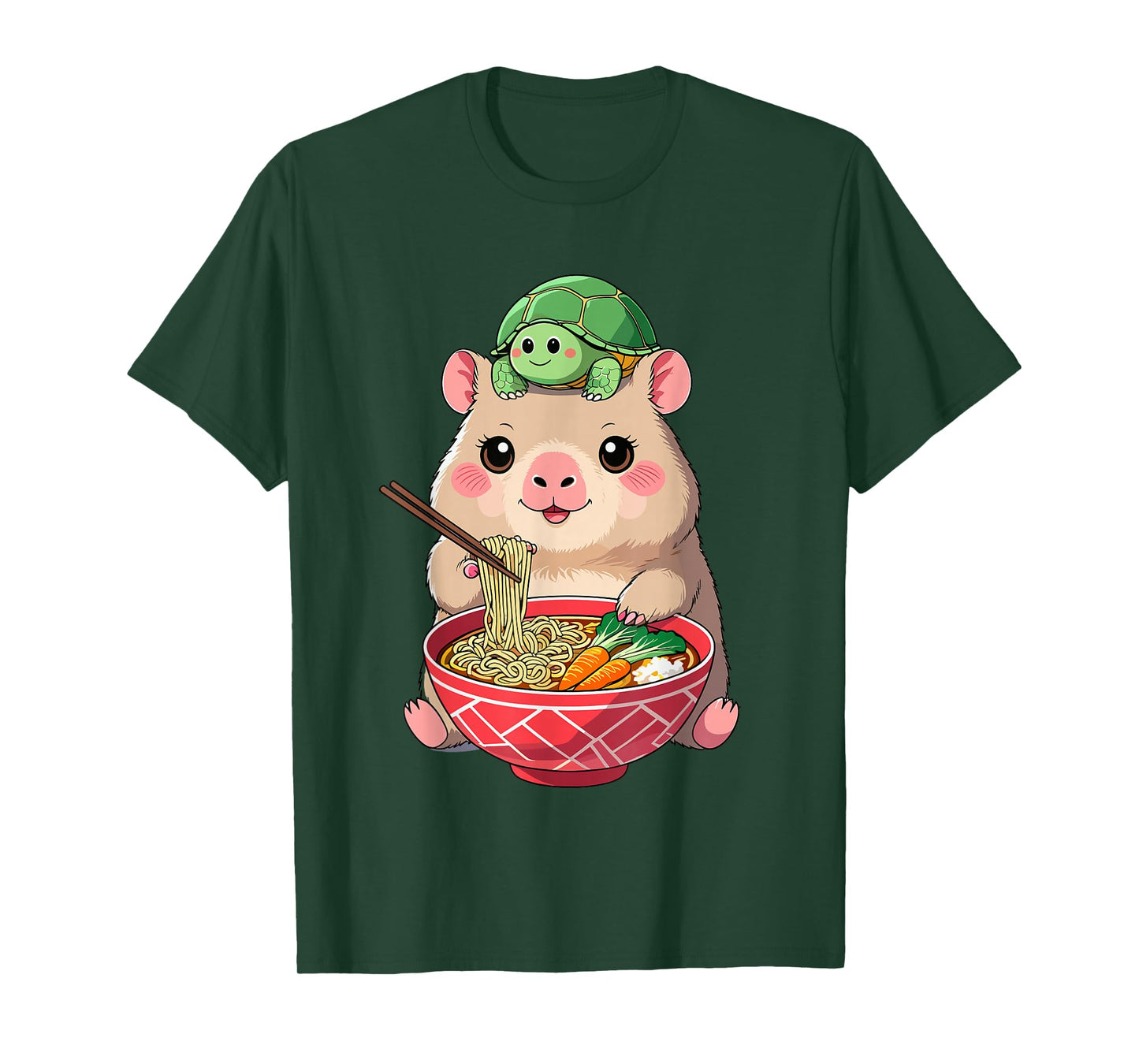 Cute Kawaii Capybara Eating Noodles with Turtle on Head T-Shirt