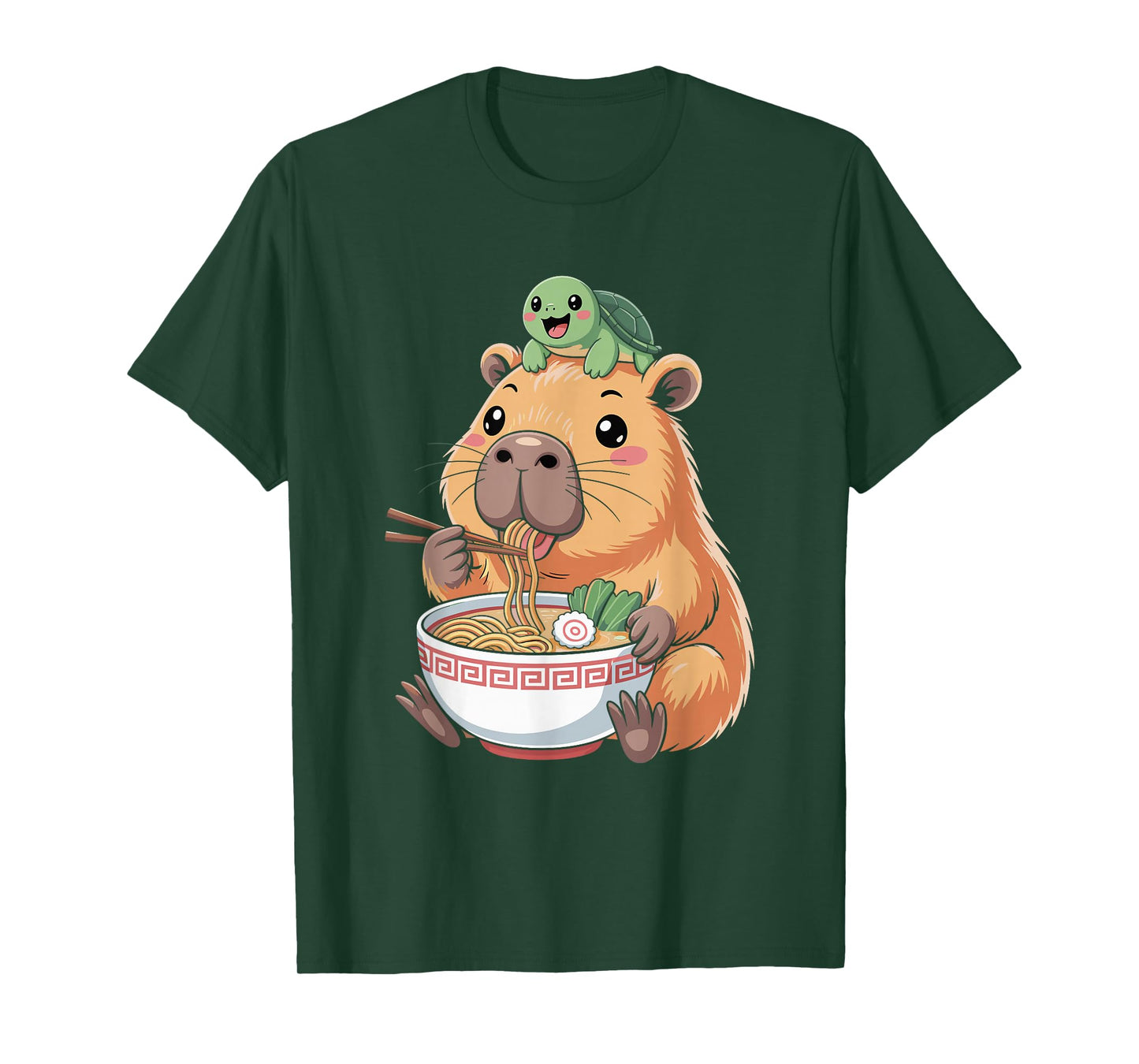 Cute Kawaii Capybara Eating Noodles with Turtle on Head T-Shirt