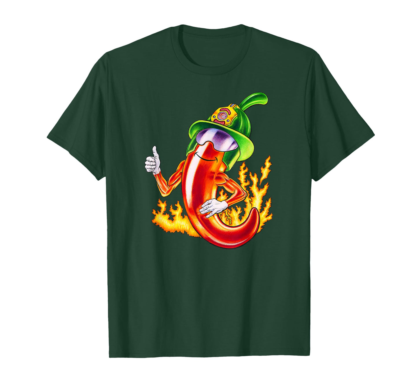 Spicy Firefighter Chili Cartoon Funny Fire Hero Drawing T-Shirt