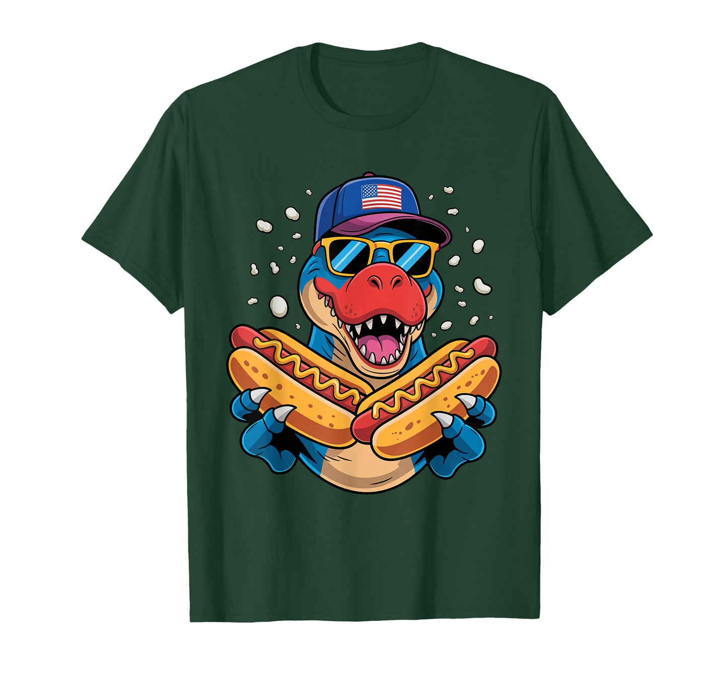 T Rex Dinosaur Sunglasses Hotdog 4th Of July USA Flag Merica Men Women Kids T-Shirt
