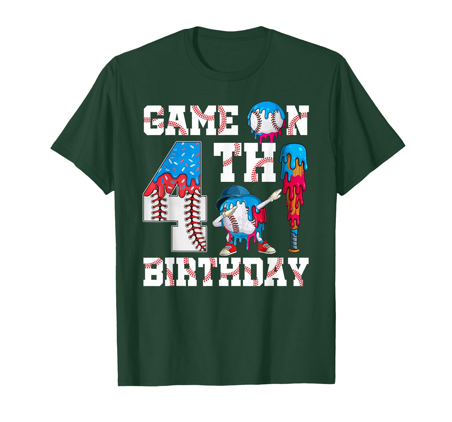 Game On I'm 4th Birthday Baseball Drip Ice Cream 4 Year Old T-Shirt