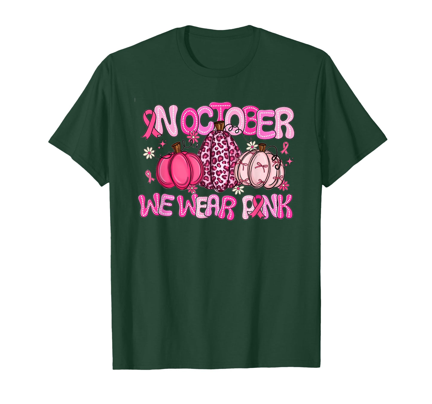 In October We Wear Pink Leopard Pumpkin Breast Cancer Gift T-Shirt