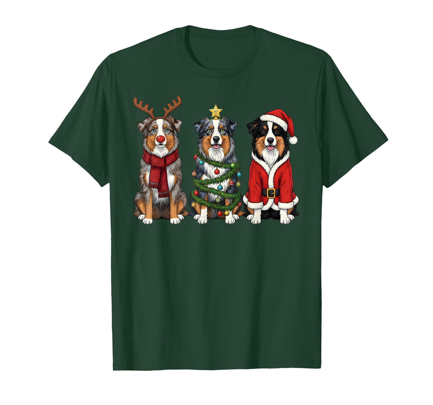 Retro Christmas Australian Shepherd Santa Reindeer Dog Lover T-Shirt