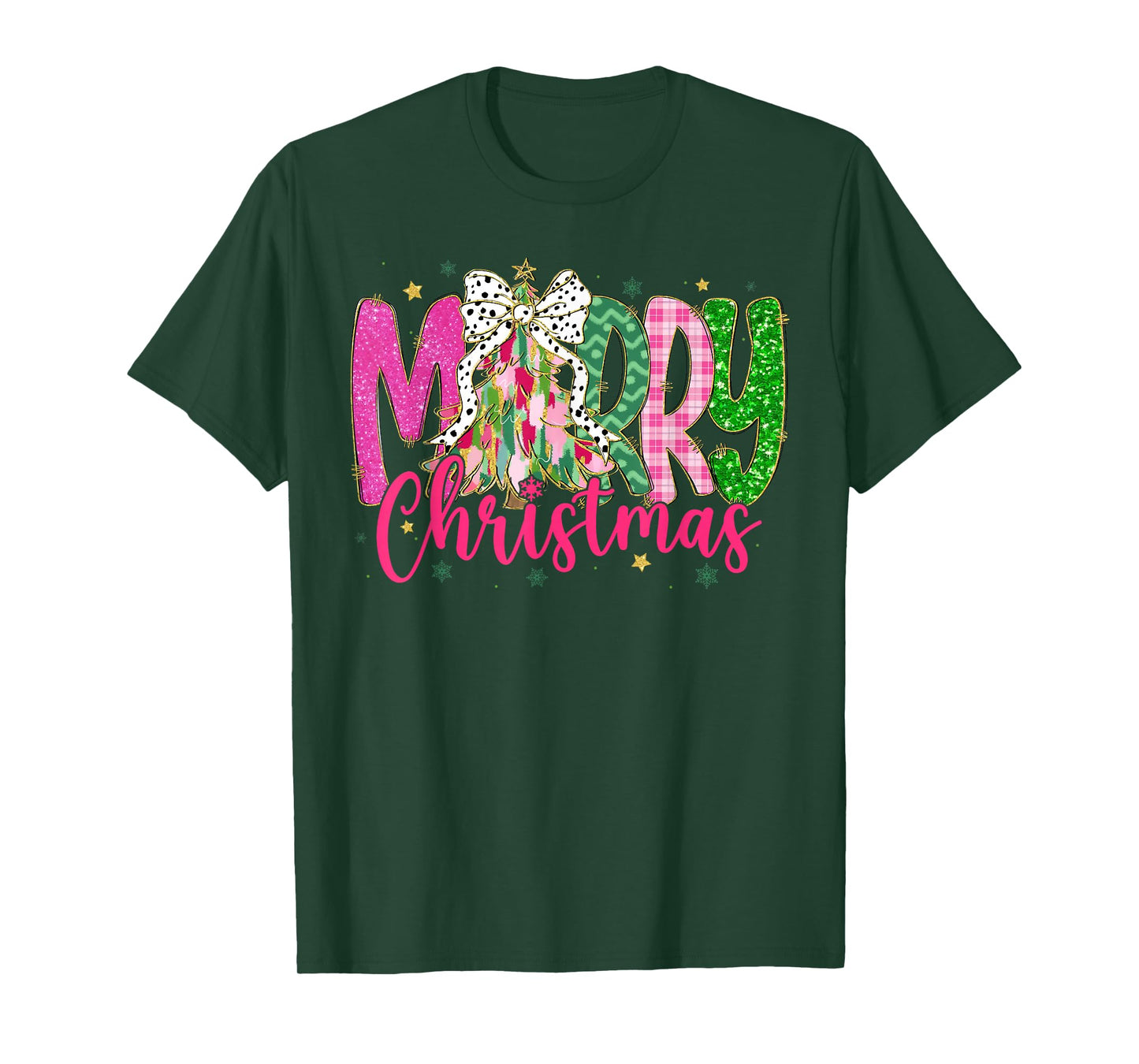 Merry Christmas Xmas Tree Coquette Bow Snowflake Holiday T-Shirt