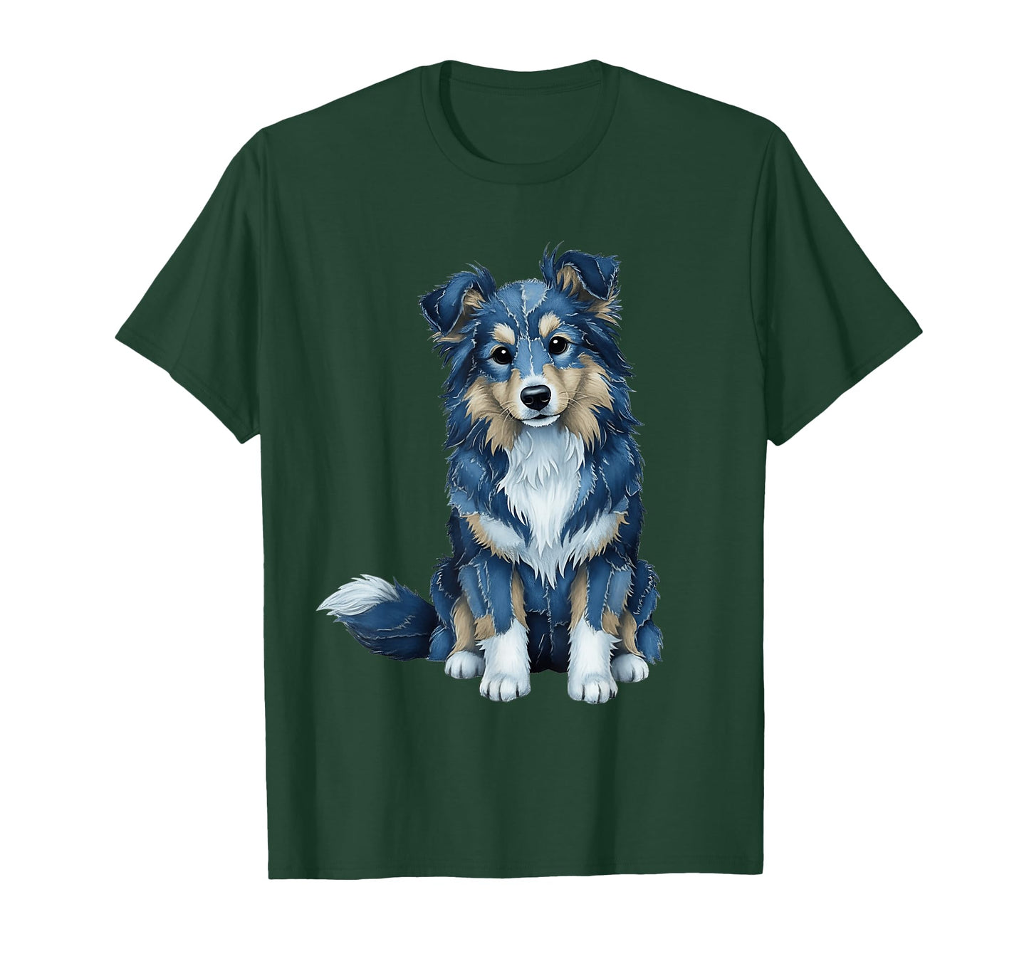 Funny Sheltie Dog Blue Denim Patchwork Pattern T-Shirt