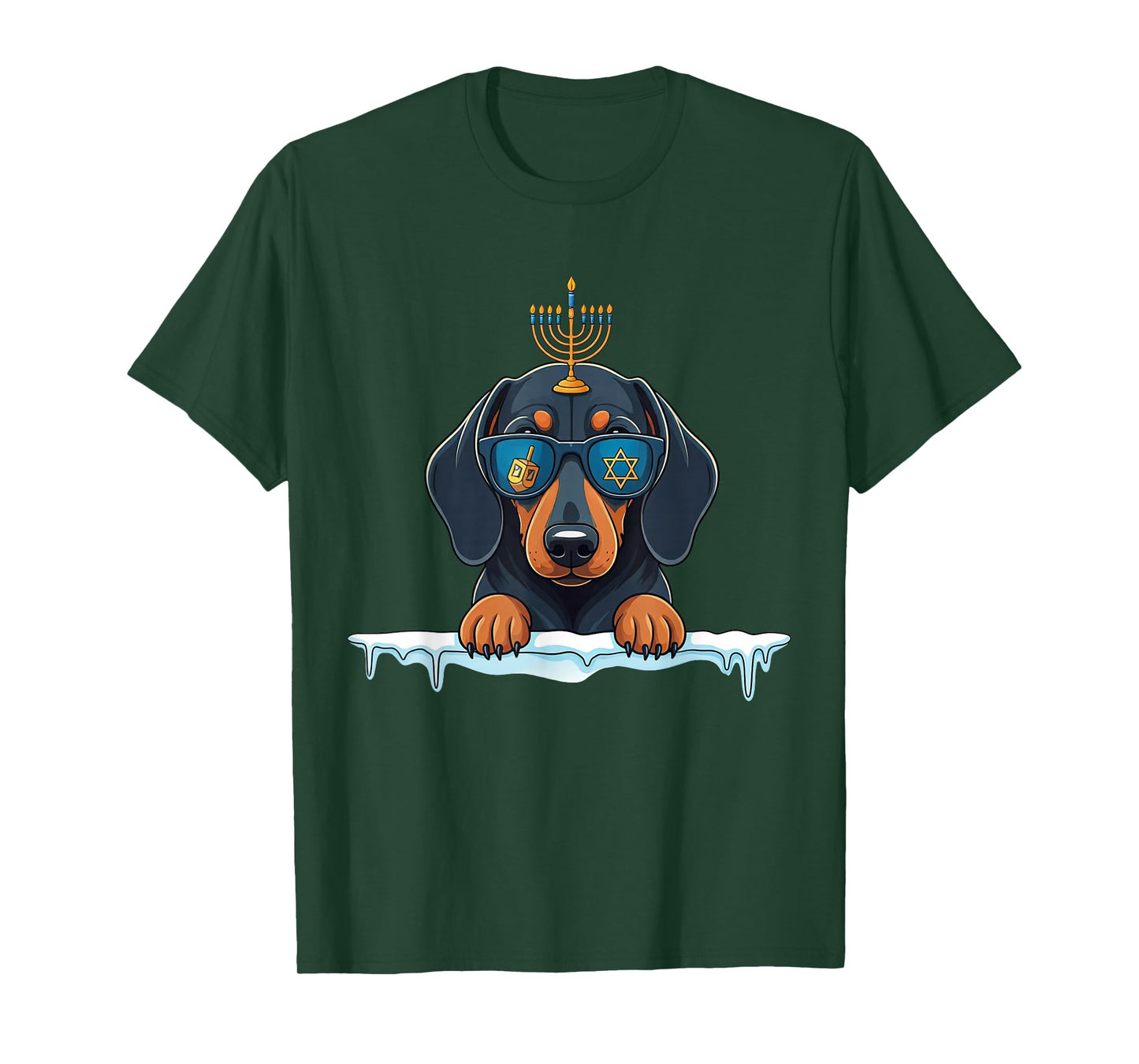 Dachshund Menorah Dreidel Jewish Hanukkah Womens Mens Kids T-Shirt