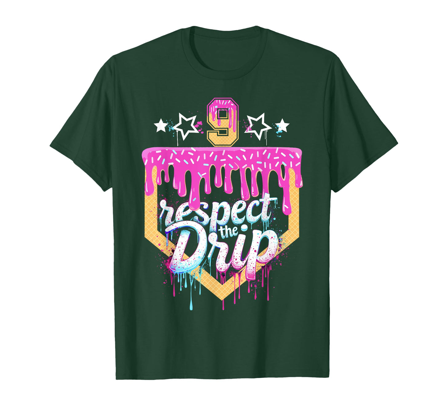 Baseball 9 Year Old Birthday Ice Cream Drip 9th Birthday T-Shirt