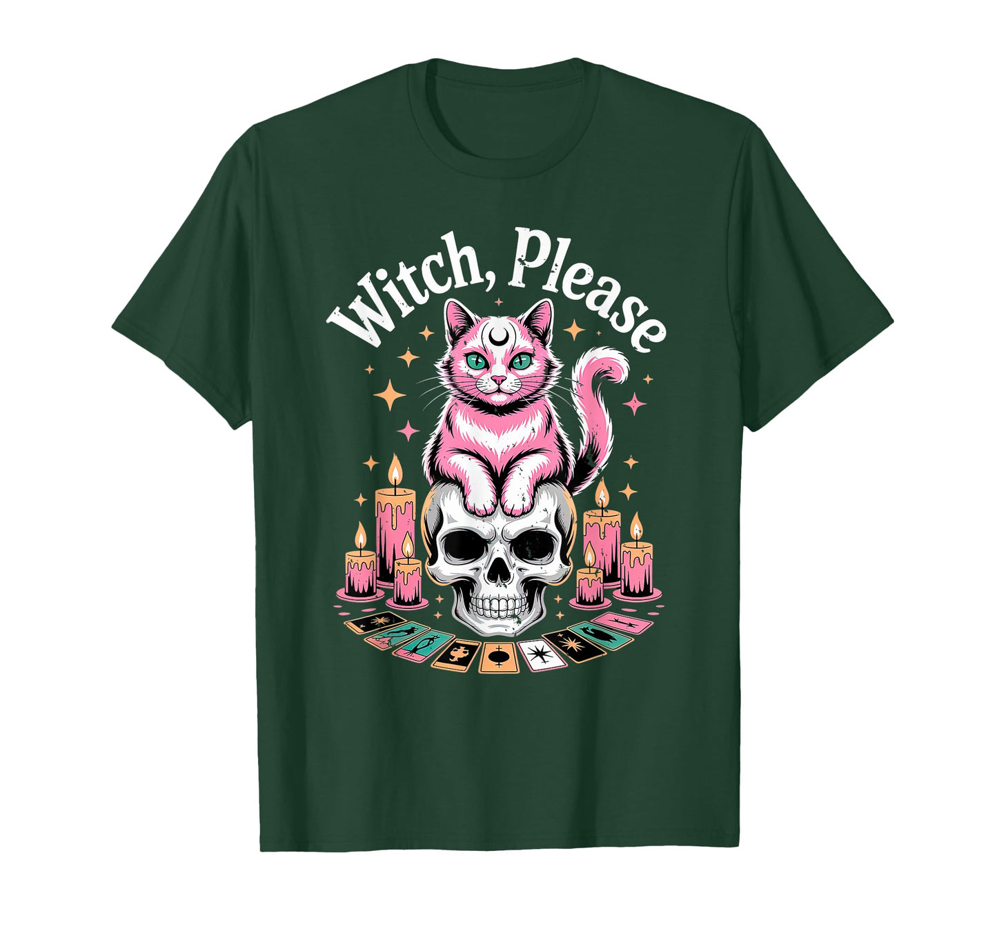 Kawaii Cat with Wings Skull Candles and Crescent Moon Goth Men Women Kids T-Shirt