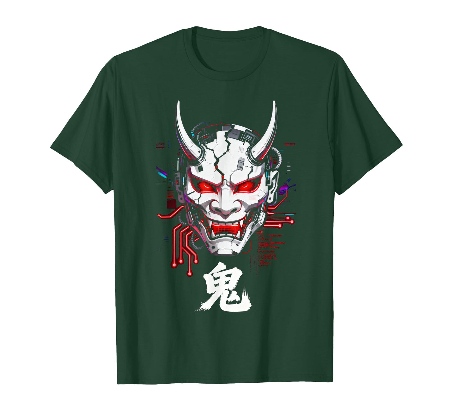 Cyberpunk Oni Mask Glitch Japanese Kanji Sci-Fi T-Shirt