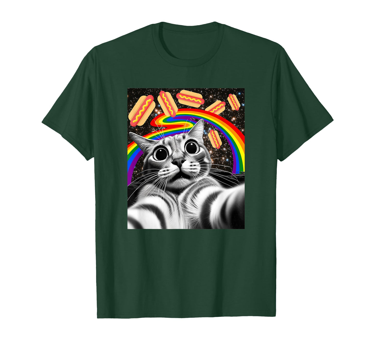Funny Graphic Rainbow Hotdog UFOs Cosmic Space Selfie Cat T-Shirt for Men Women Kids
