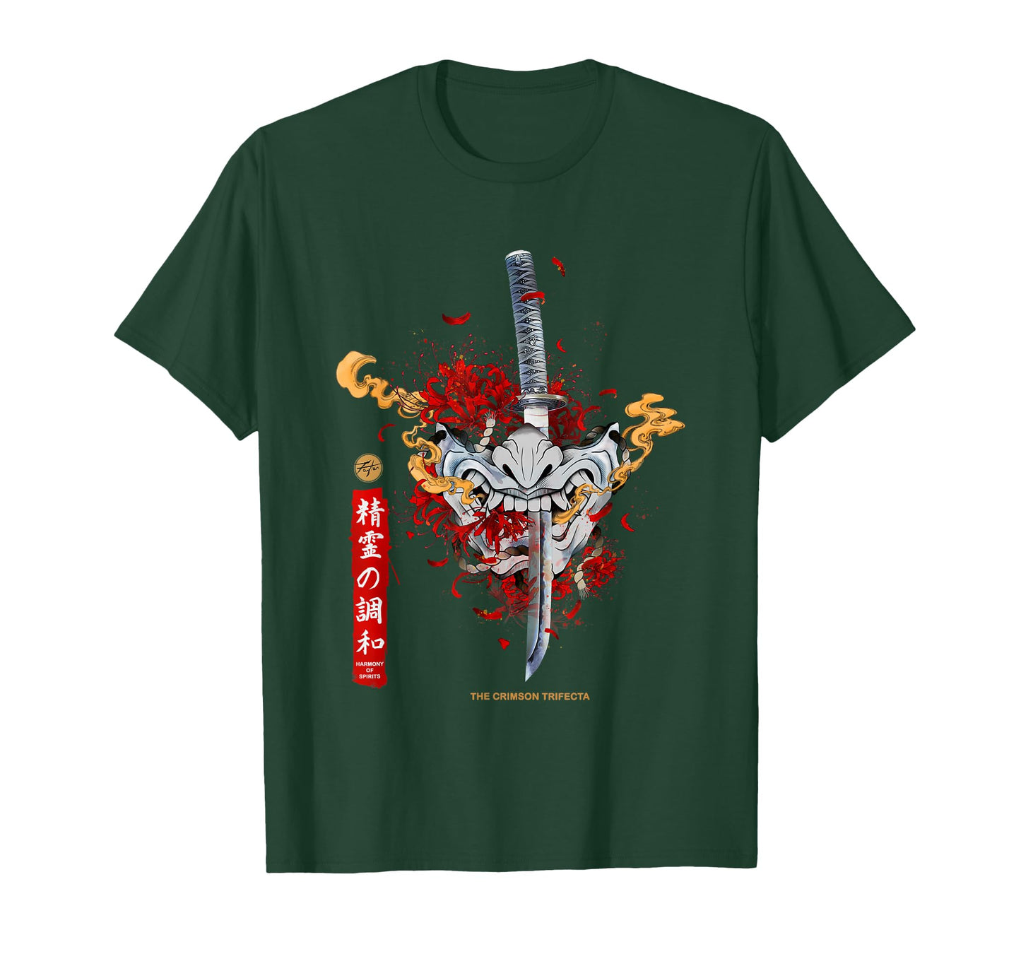 Red Spider Lily and Japanese Anime Retro Oni Samurai Mask T-Shirt
