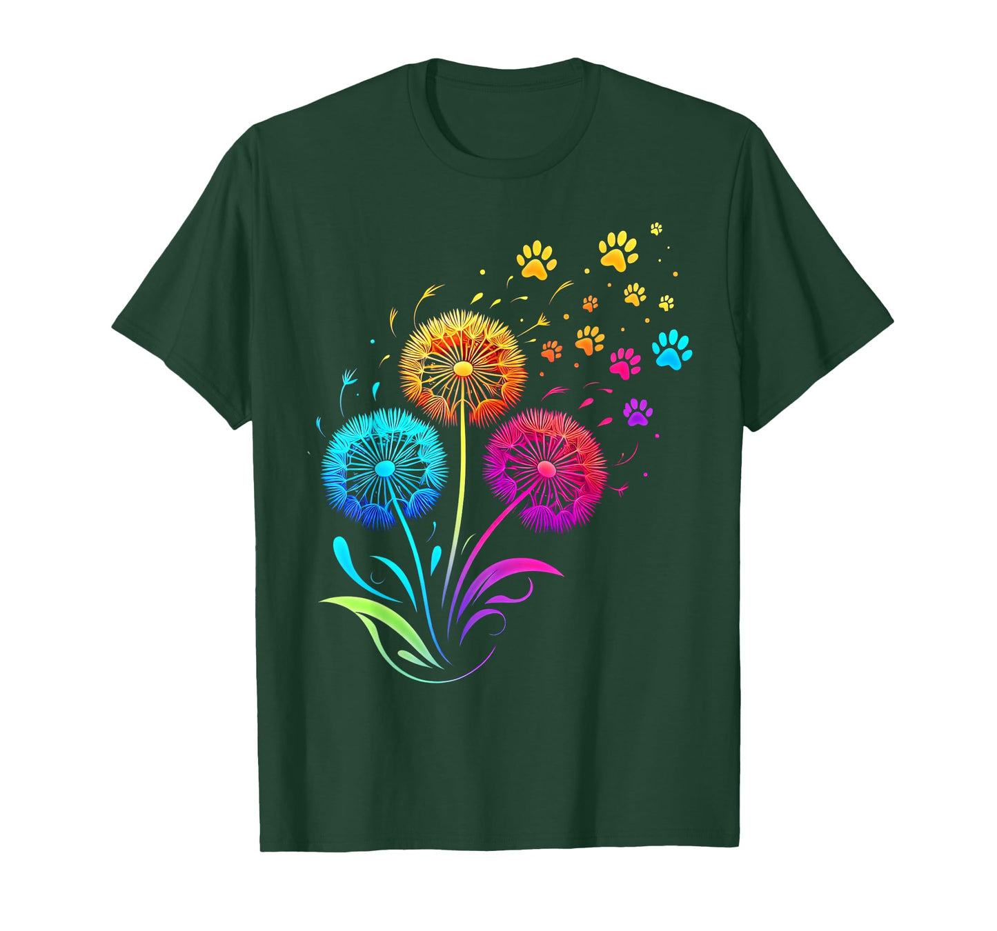 Cute Dog Paw Sunflower Dandelion Colorful Flowers Dog Paw T-Shirt