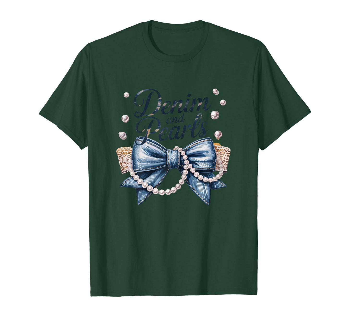 Denim and Pearls Coquette Bow Denim For Ladies Pearls T-Shirt