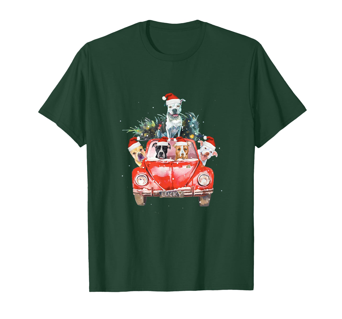 Pitbull Riding Red Truck Christmas Tree Santa Pitbull Xmas T-Shirt