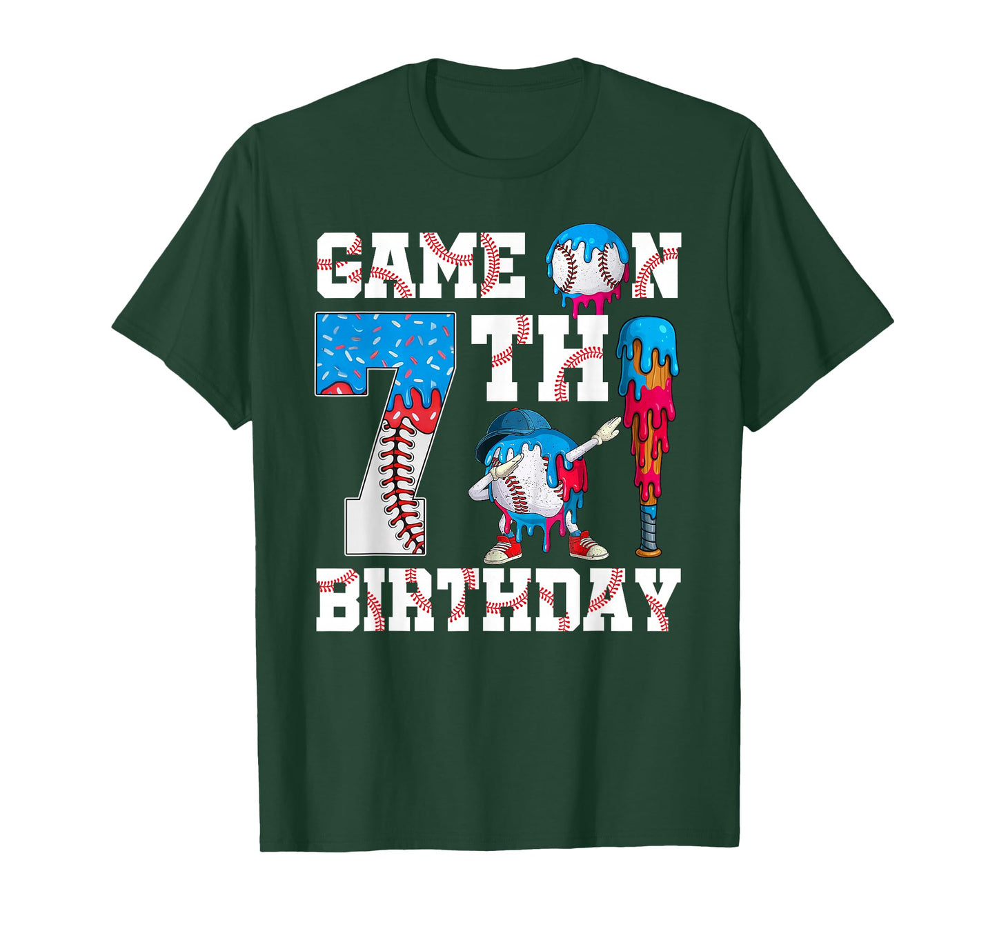 Game On I'm 7th Birthday Baseball Drip Ice Cream 7 Year Old T-Shirt