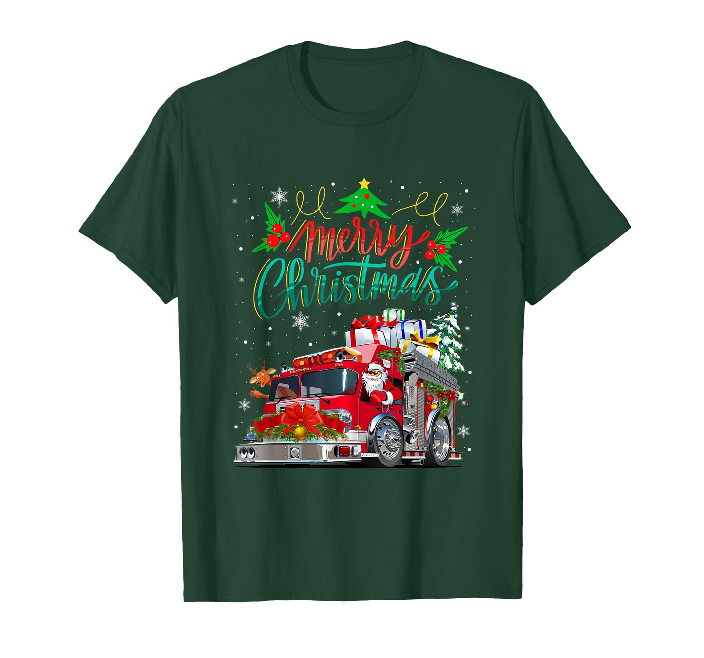 Firetruck Santa Sleigh Fireman Christmas Firefighter Xmas T-Shirt