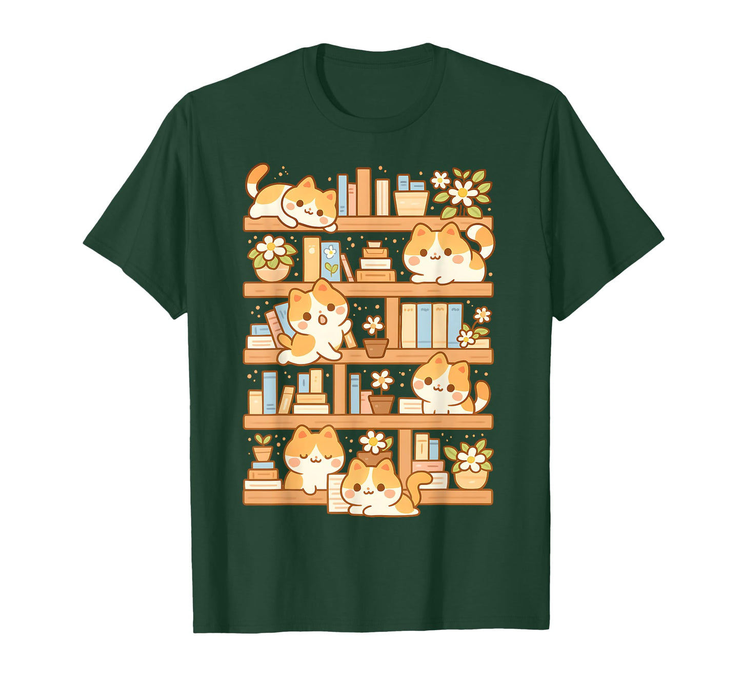 Kawaii Bookshelf Cat Readers Bookworms Librarian Books Lover T-Shirt