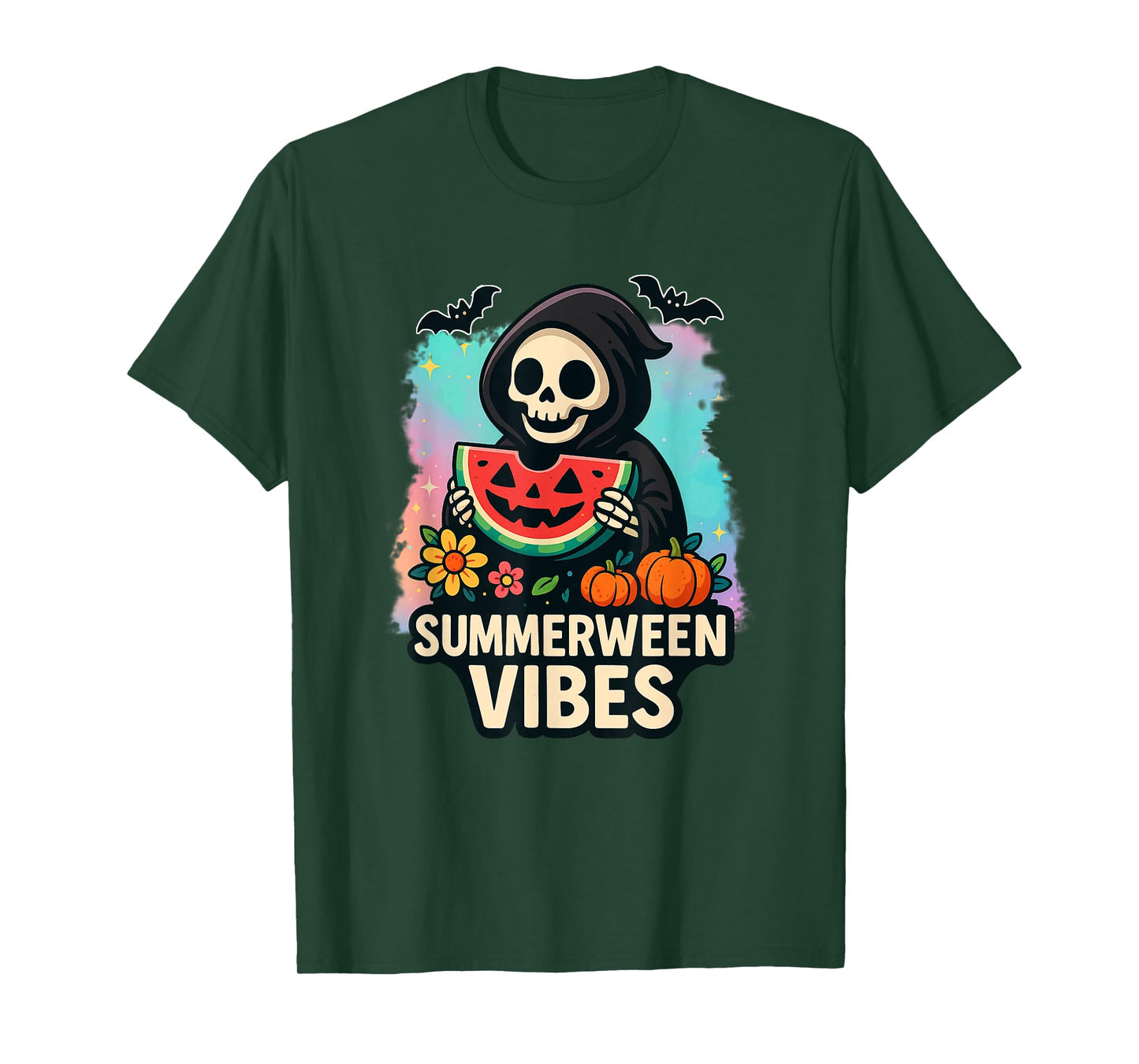 Watermelon Ghost Summerween Retro Skeleton Vibes Outfit T-Shirt