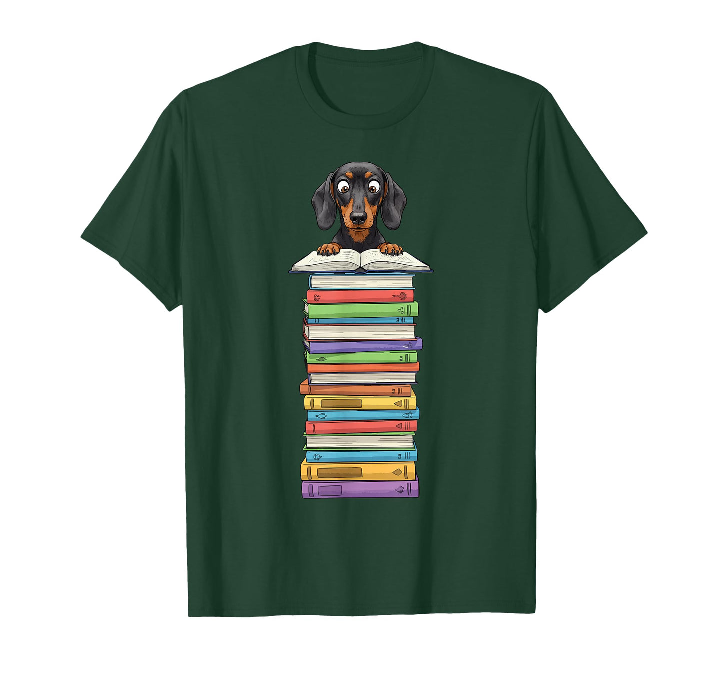 Cute Wiener Dog Dachshund Reading On Pile of Books Funny T-Shirt