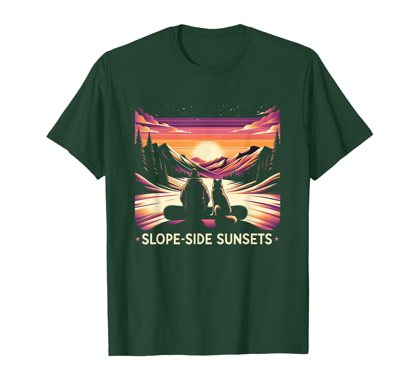 Slope-side Sunsets - Tranquil Snowboarding Dog Tee T-Shirt
