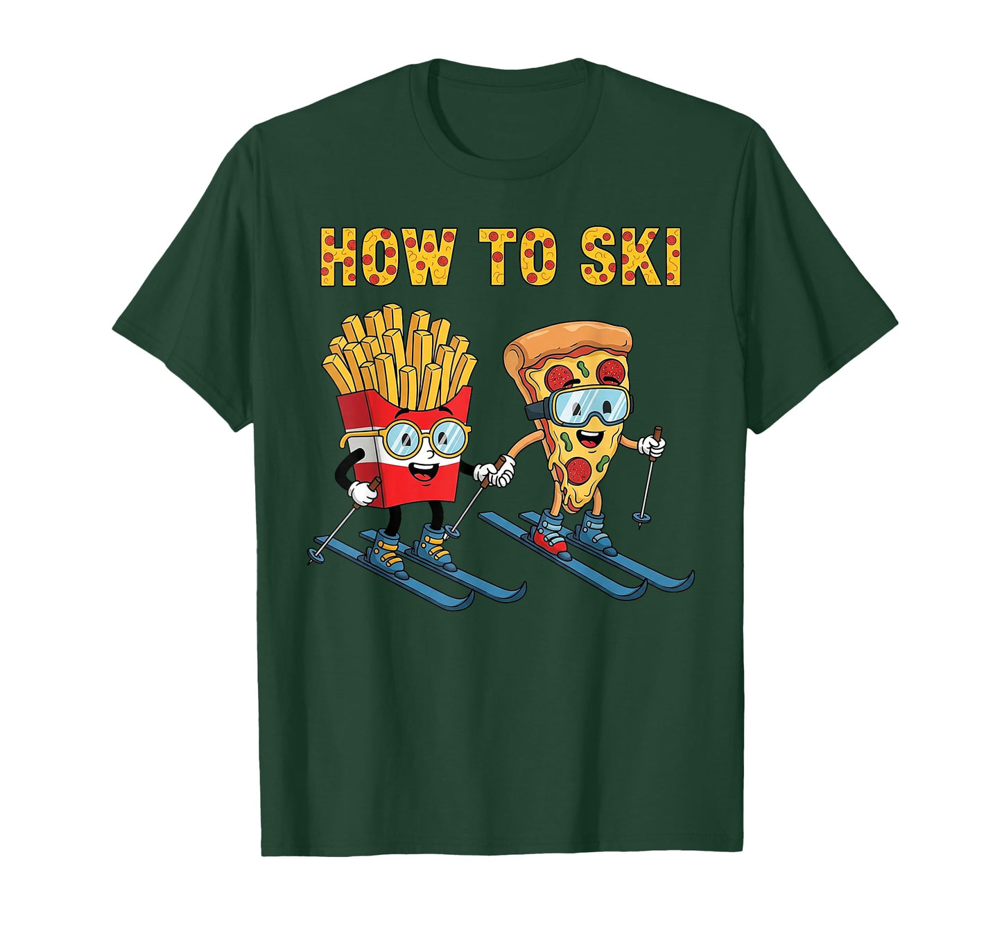 How to Ski Funny Pizza French Fries Skiing Boys Girls Kids T-Shirt