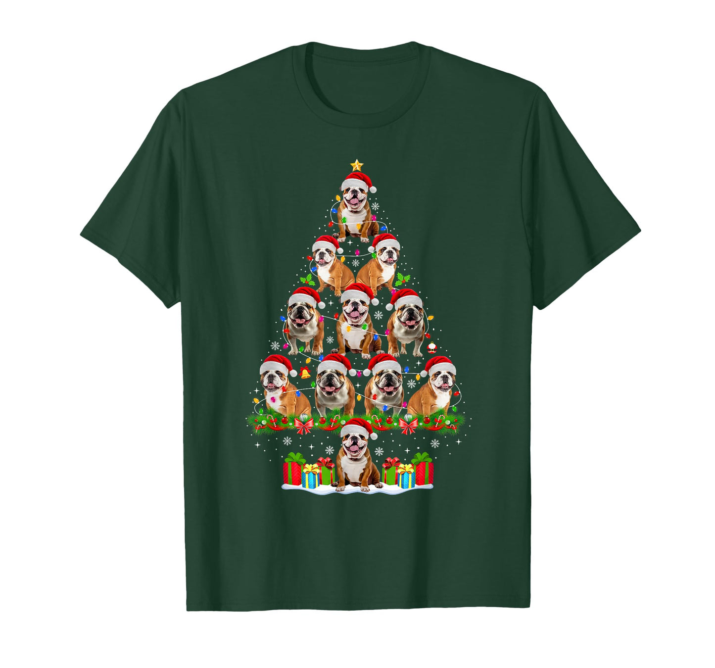 English Bulldog Dog Christmas Tree Lights Funny Xmas Pajamas T-Shirt