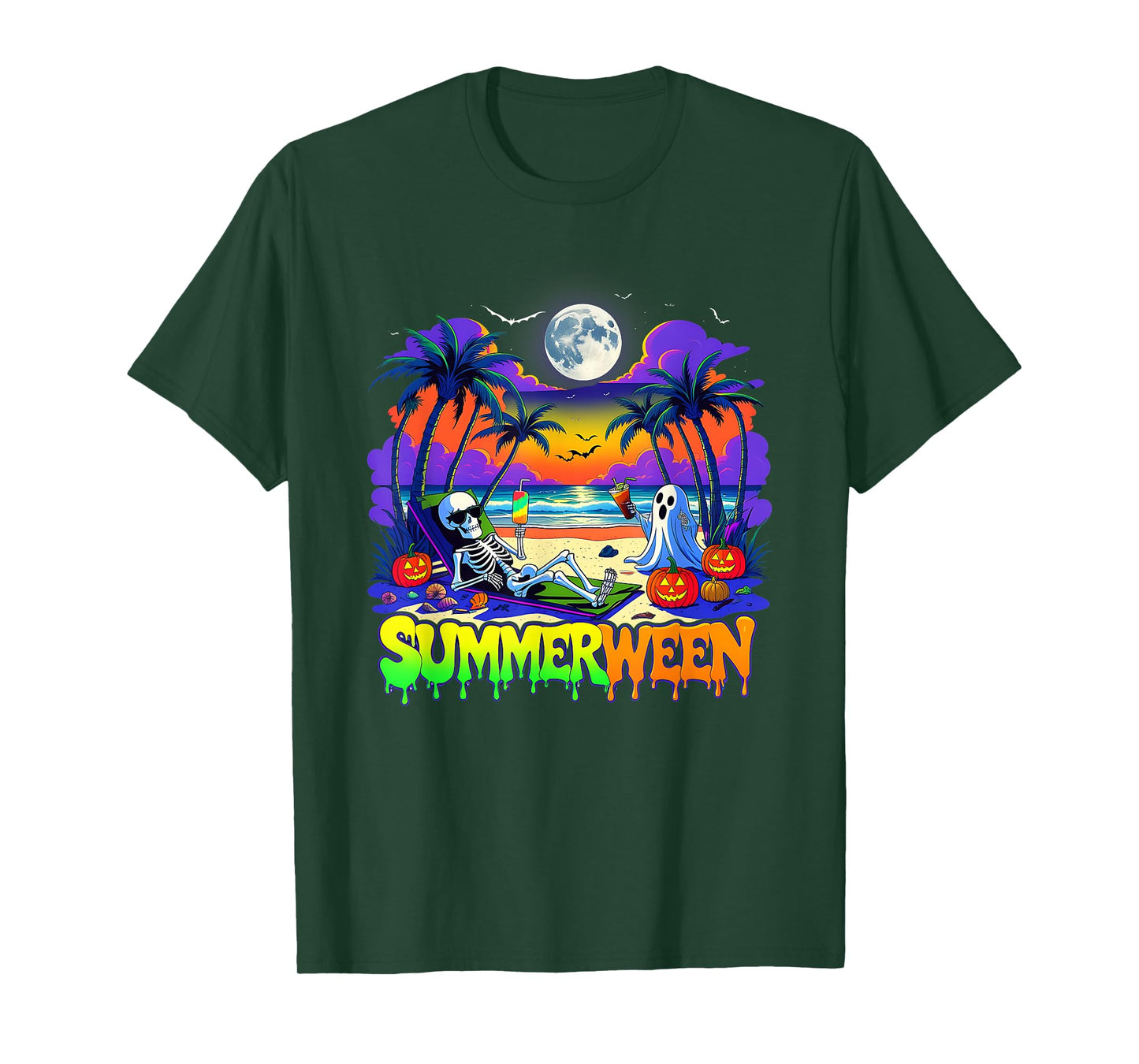 Summerween Skeleton Ghost Beach Funny Spooky Halloween T-Shirt