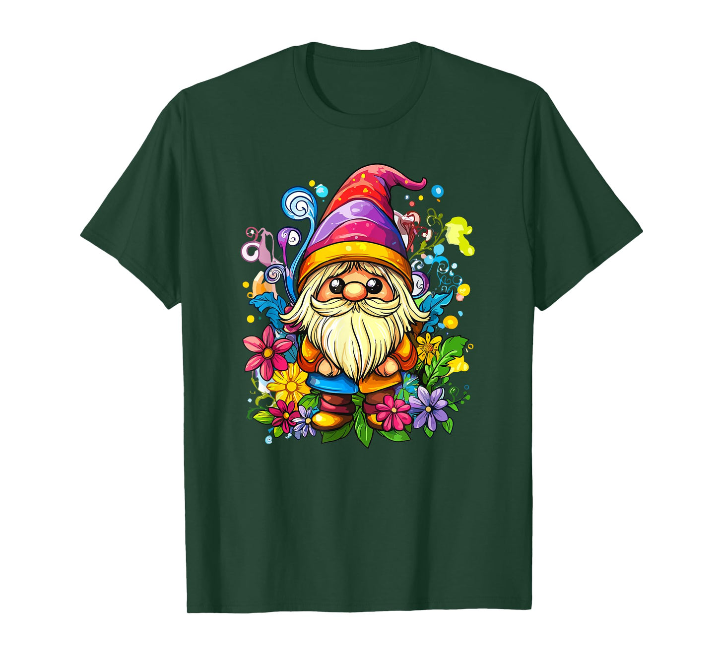 Vibrant Whimsical Gnome Surrounded By Flowers T-Shirt