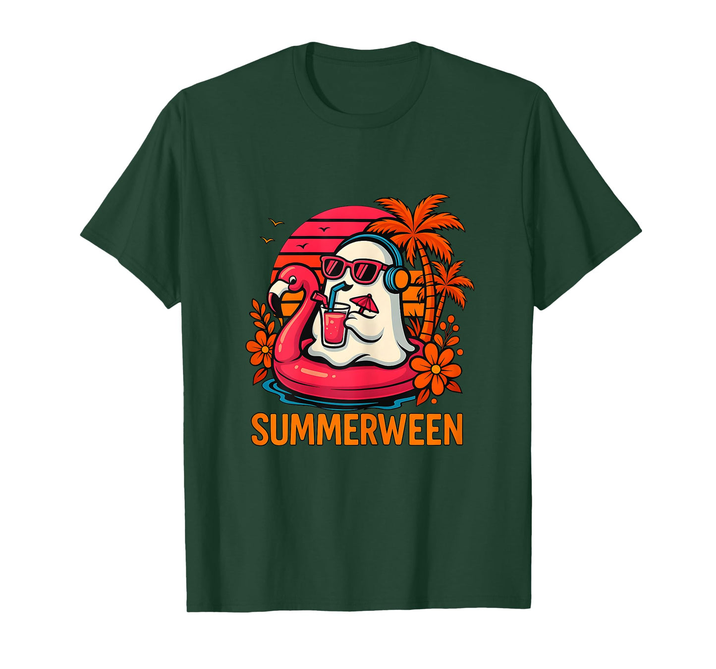 Summerween Funny Ghost Halloween Summer Flamingo Beach Vibes T-Shirt