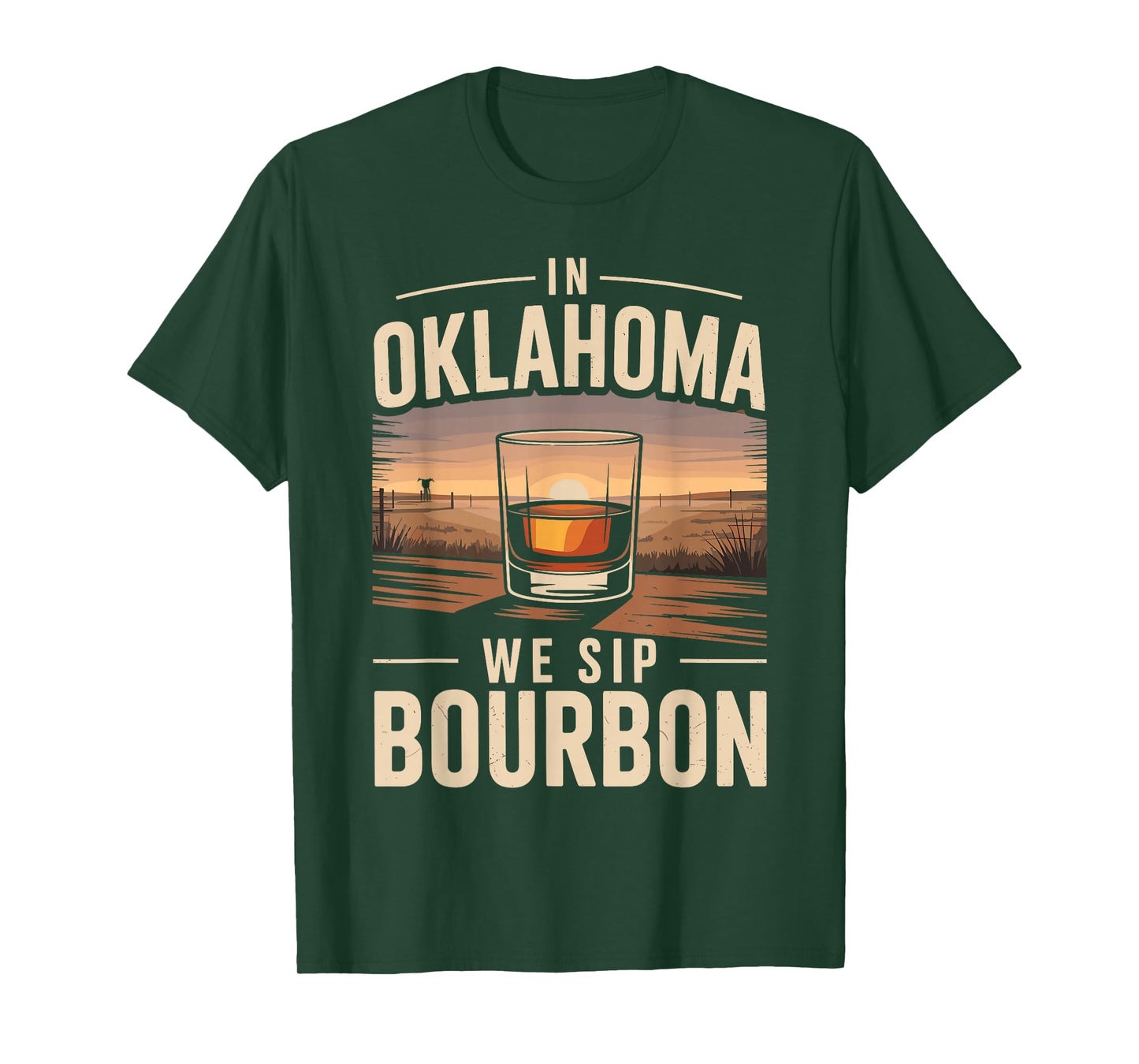in Oklahoma We Sip Bourbon Retro Sunset Whiskey T-Shirt