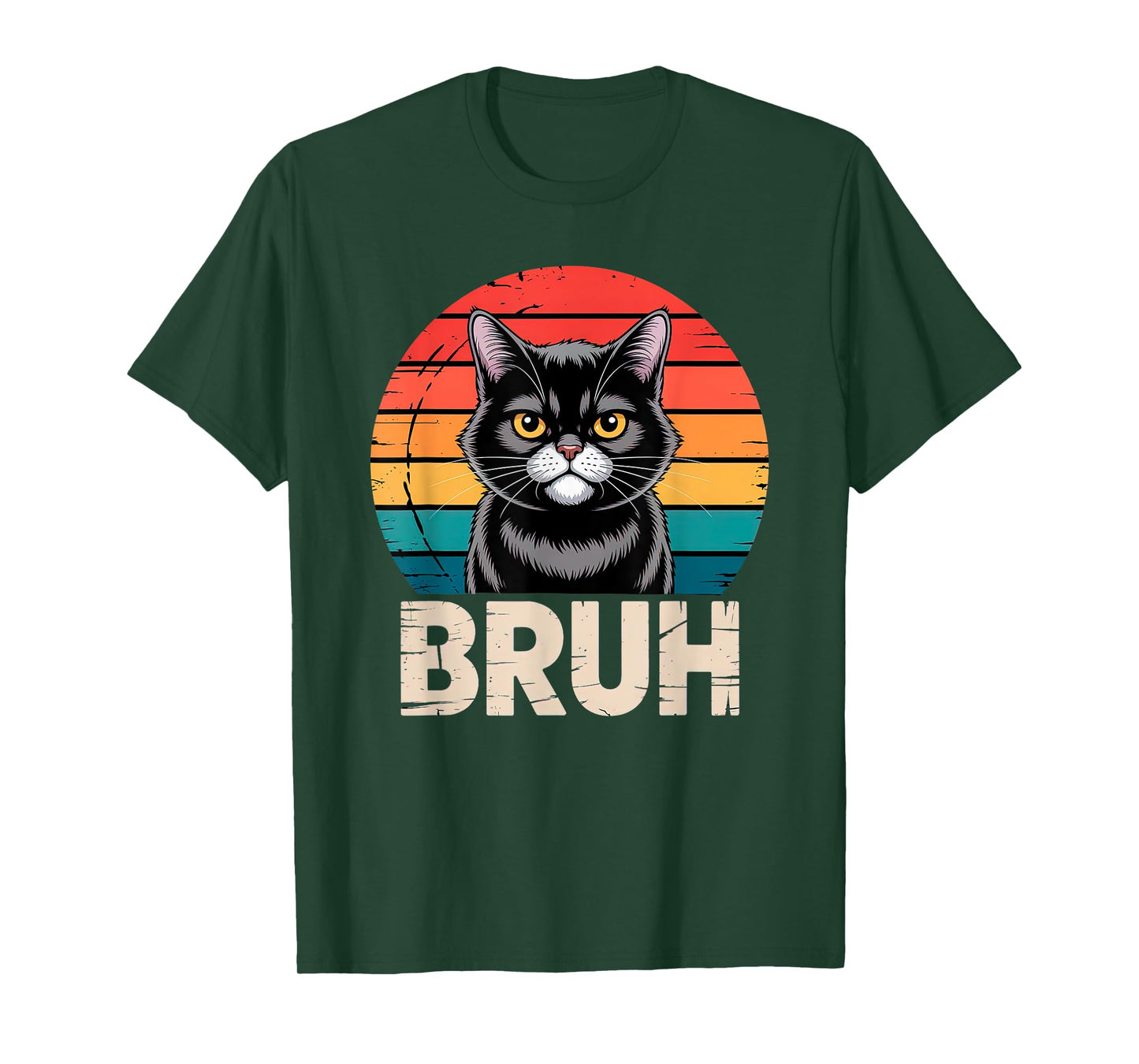 Grumpy Black Cat with BRUH Text and Colorful Retro Men Women Kids T-Shirt
