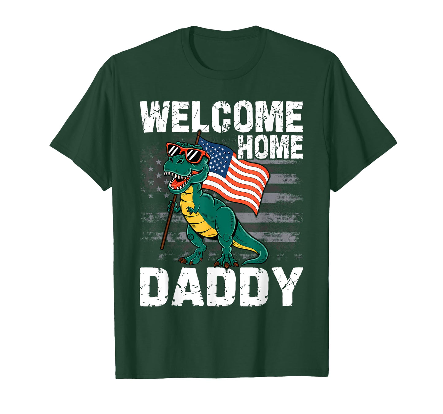 Kids Welcome Home Daddy Dinosaur T-Rex American Flag T-Shirt
