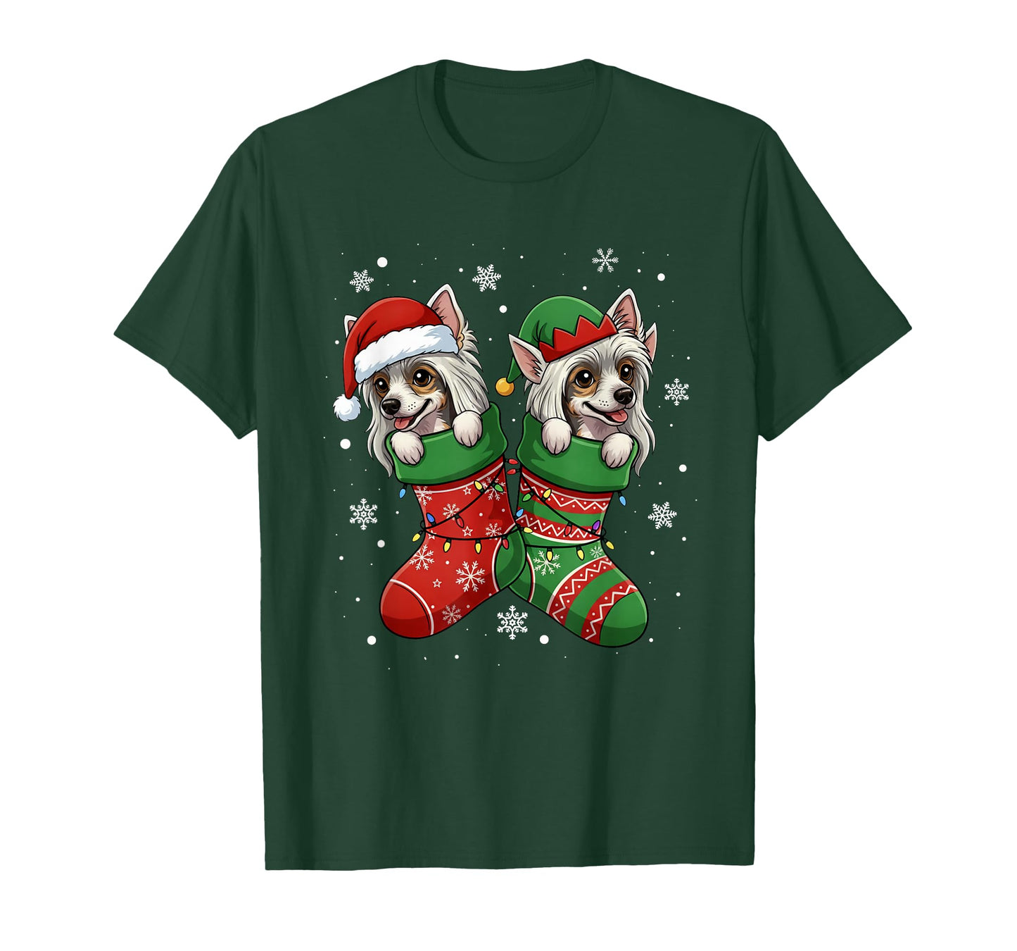 Santa ELF Chinese Crested Dog in Christmas Socks Men Women T-Shirt