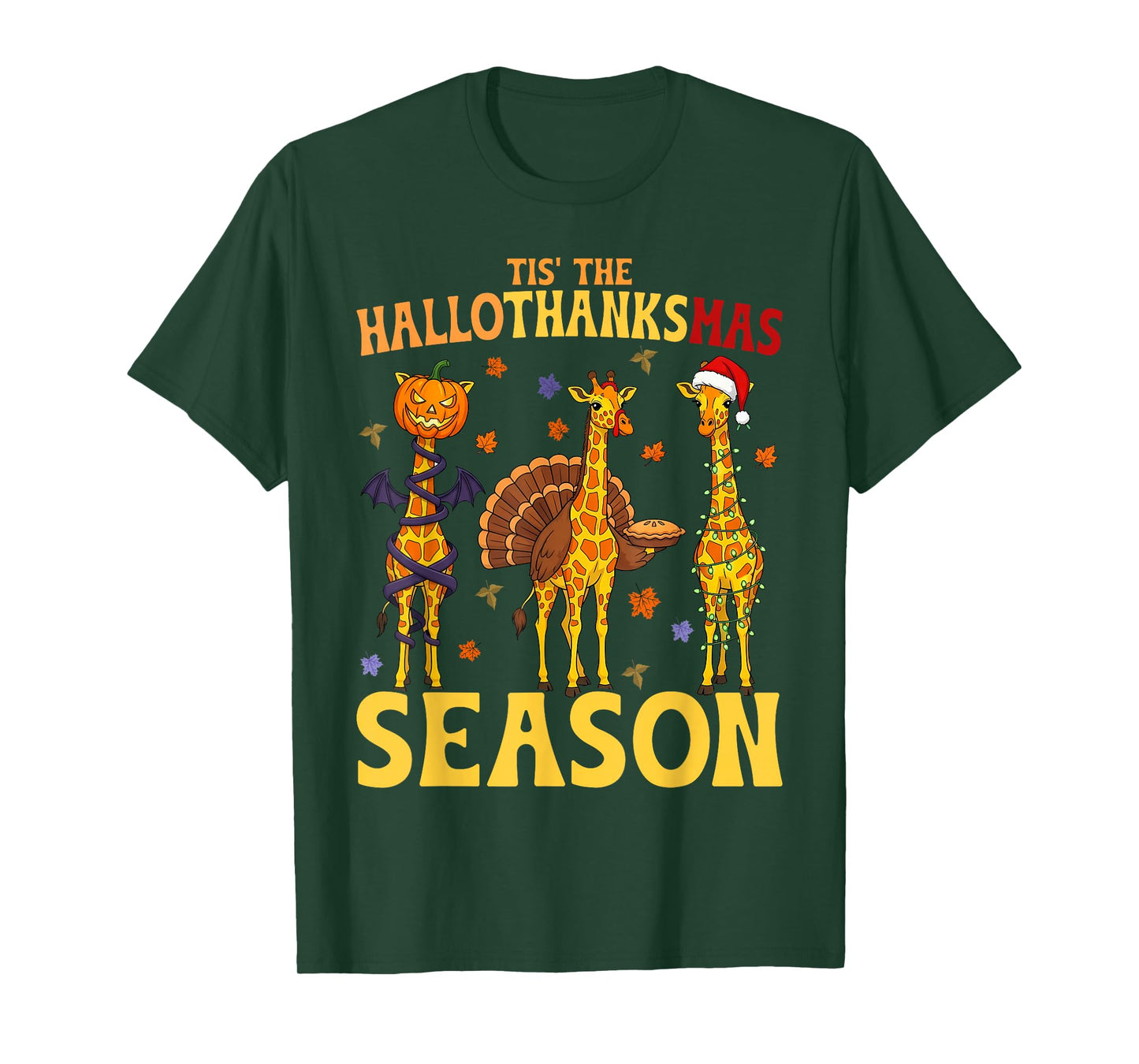 Giraffe Christmas Halloween Tis' The Hallothanksmas Season T-Shirt