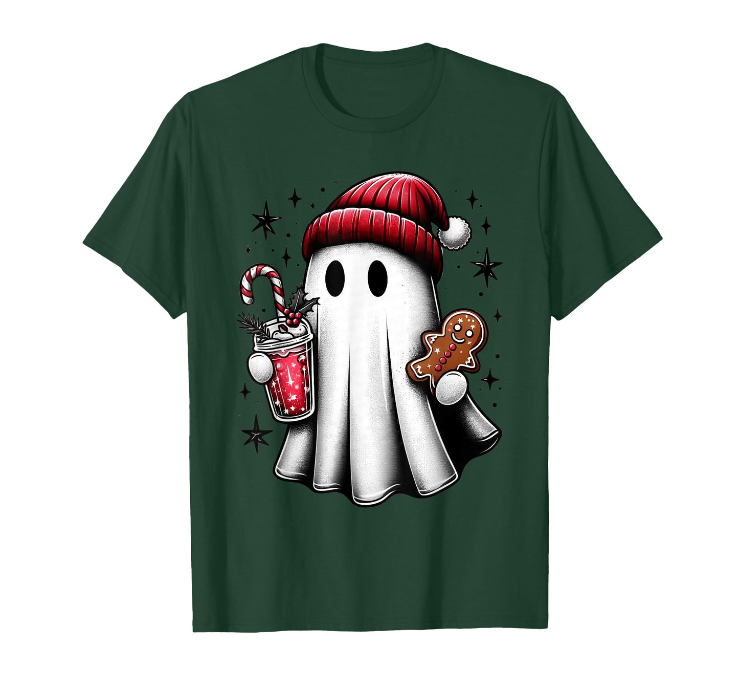 Cute Santa Ghost Drinking Coffee Ice Coffee Christmas Pajama T-Shirt