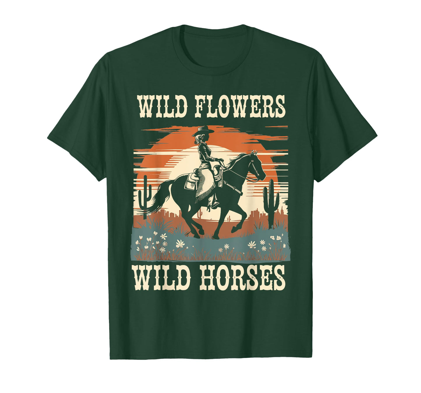 Vintage Retro Cowgirl And Horse Wild Flowers - Wild Horses T-Shirt