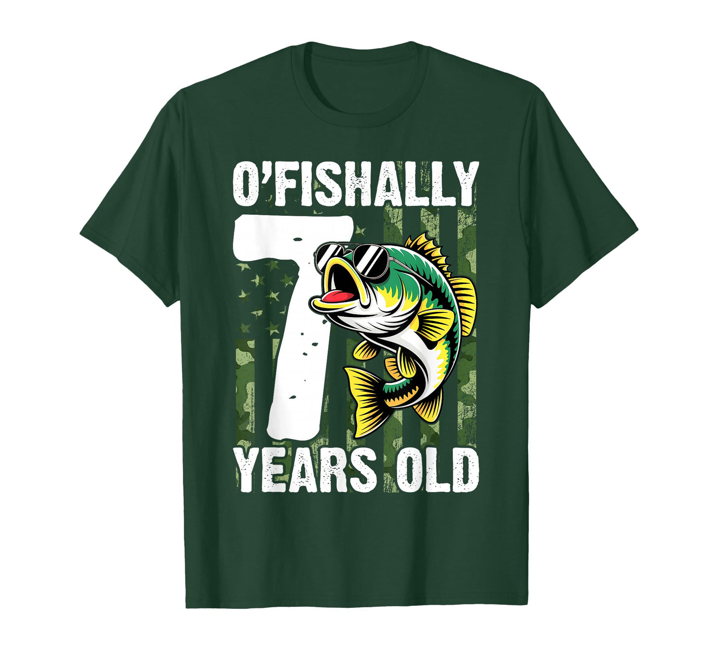 Ofishally 7 Year Old 7th Birthday US Flag Fishing T-Shirt