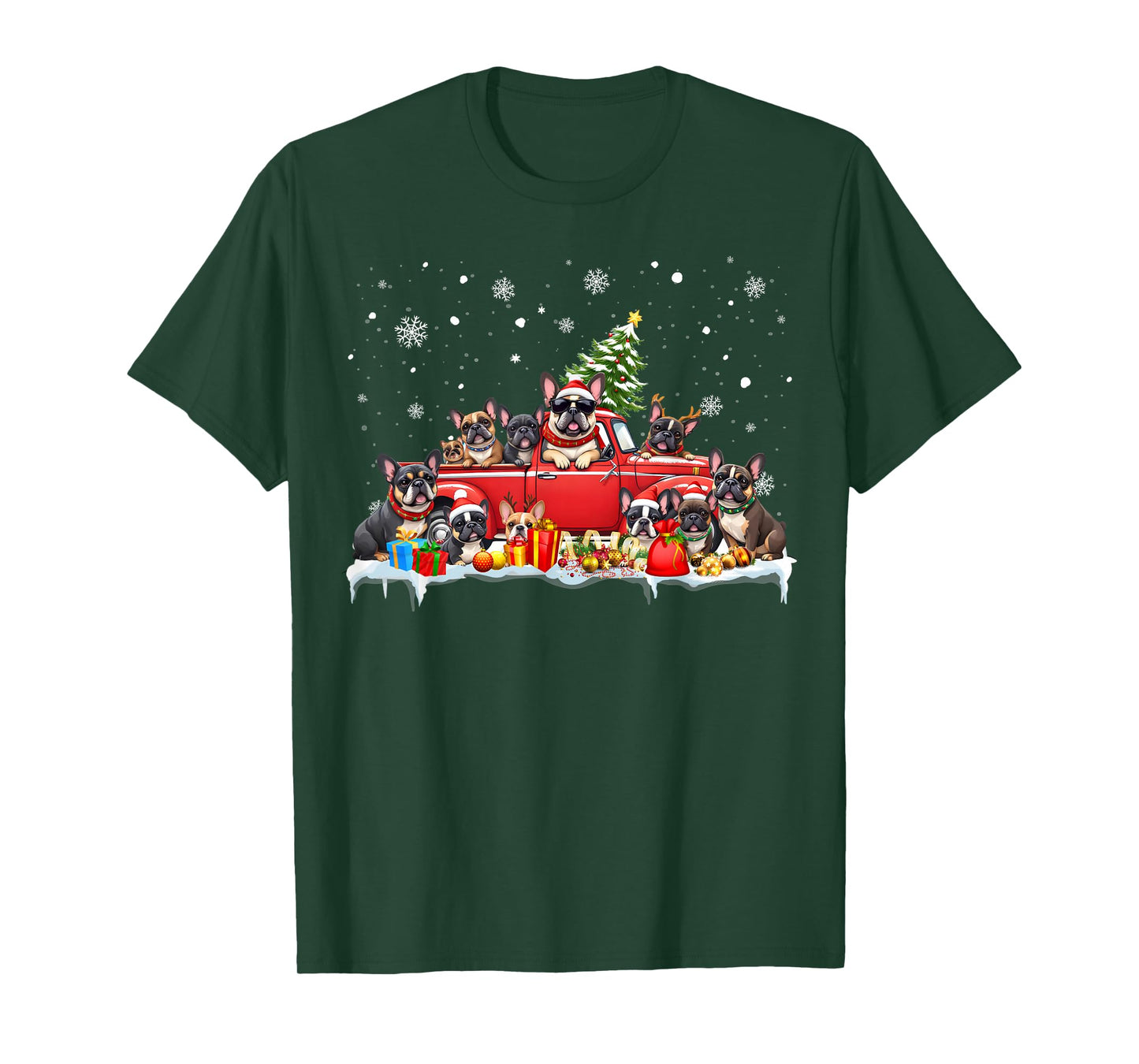 French Bulldog Dog Red Truck Christmas Tree Santa Ugly Xmas T-Shirt